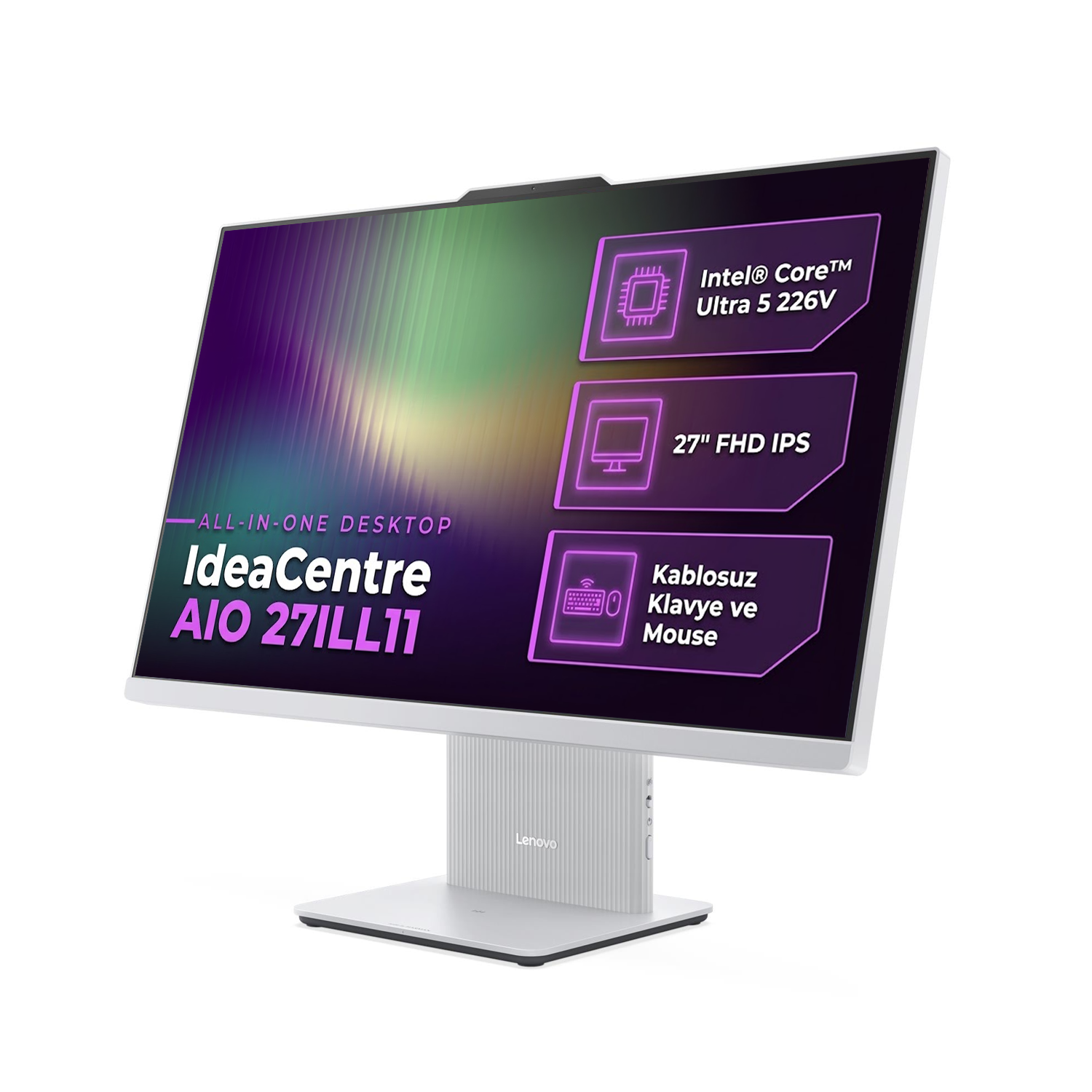Intel Core Ultra 5 işlemcili ve 27 inç ekranlı beyaz renkli Lenovo IdeaCentre AIO 27ILL11 hepsi bir arada masaüstü bilgisayar.