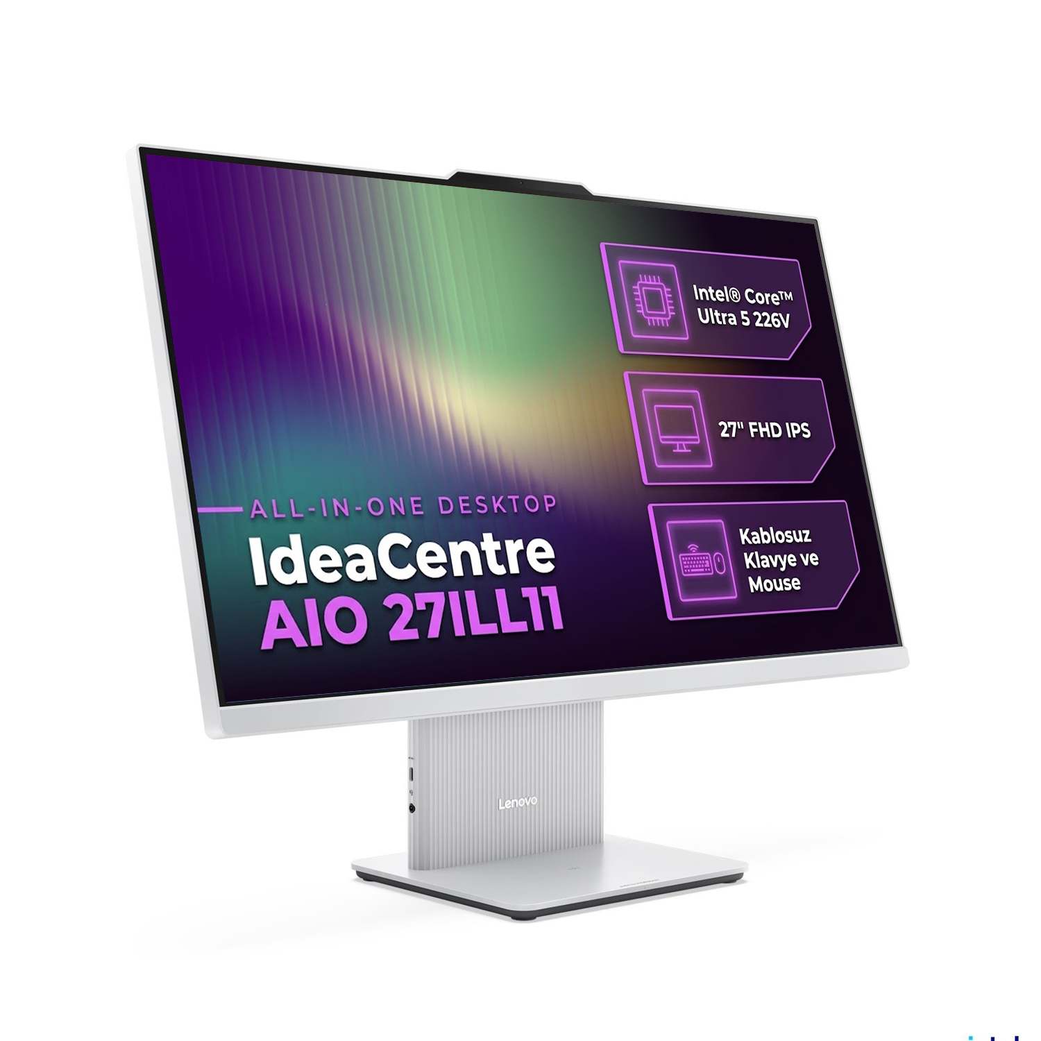 Beyaz arka planda 27 inç ekranlı ve beyaz ayaklı Lenovo IdeaCentre AIO 27ILL11 hepsi bir arada masaüstü bilgisayar.