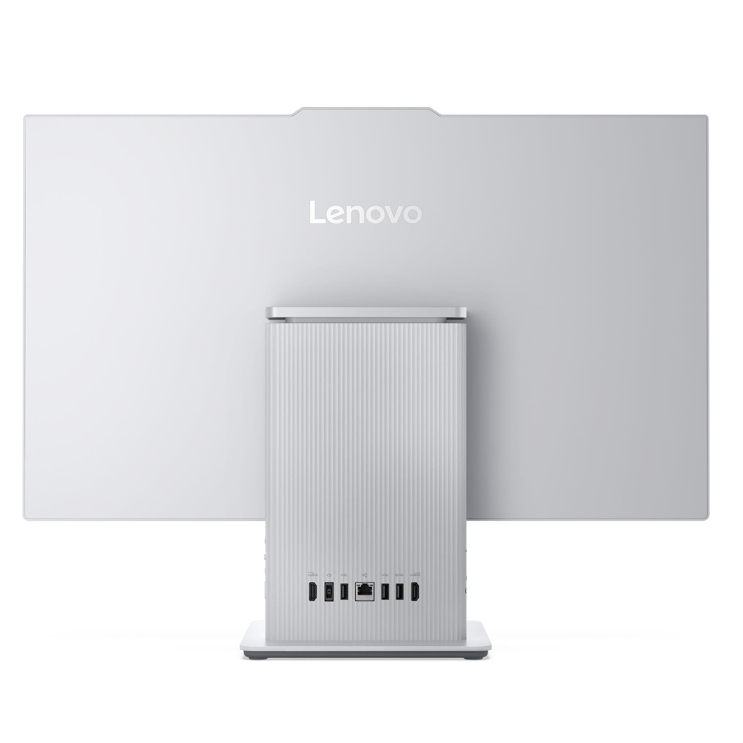 Birden fazla bağlantı noktasına sahip dikey ayaklı gümüş renkli Lenovo monitörün arkası.