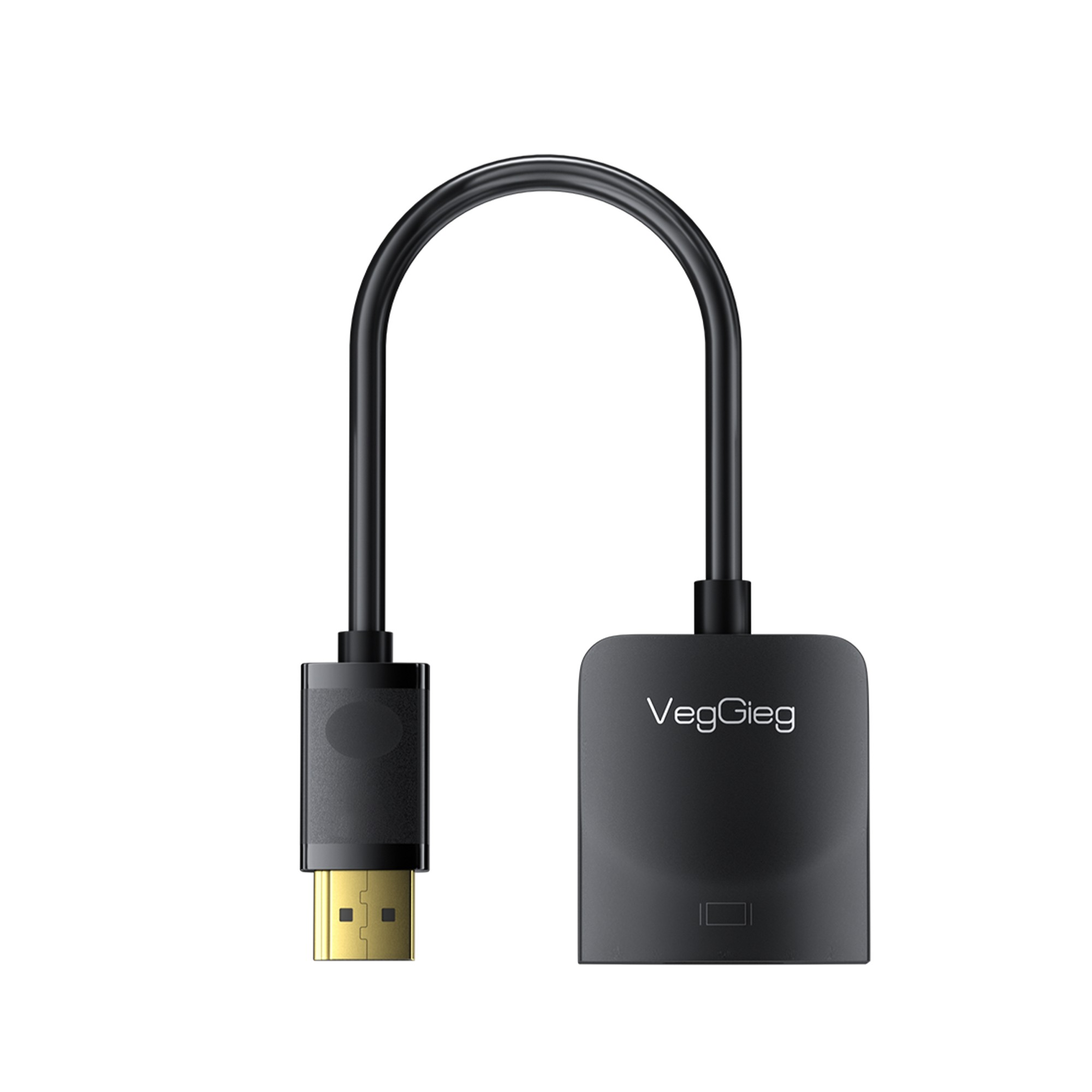 Beyaz arka planda kısa bağlantı kablosuna ve altın renkli konektöre sahip siyah VegGieg HDMI - VGA adaptörü.
