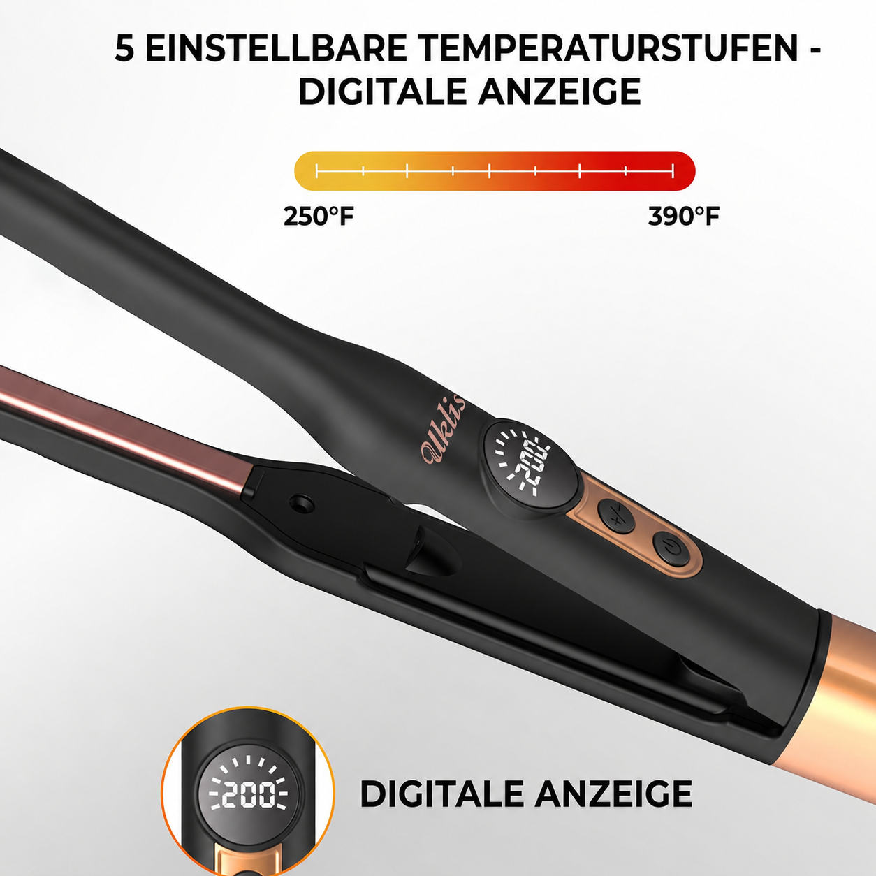 Schwarzer Haarglätter mit digitalem Display und Temperaturstufen von 250°F bis 390°F.