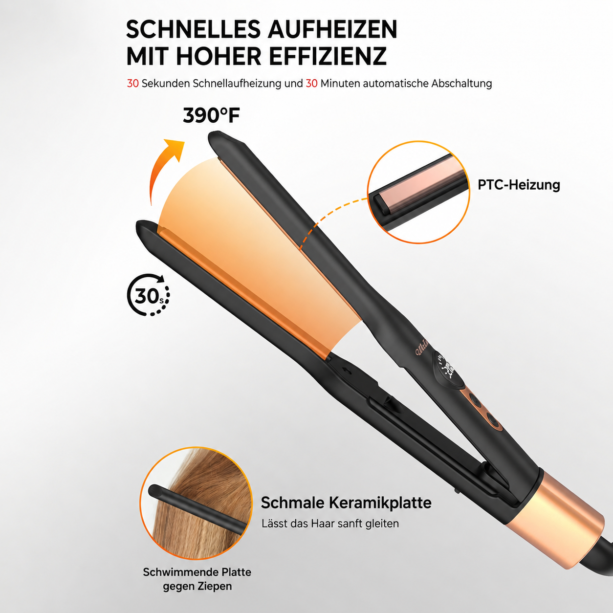 Schwarzes Haarglätteisen mit Kupferplatten, 390°F, 30 Sekunden Aufheizzeit und automatischer Abschaltung.