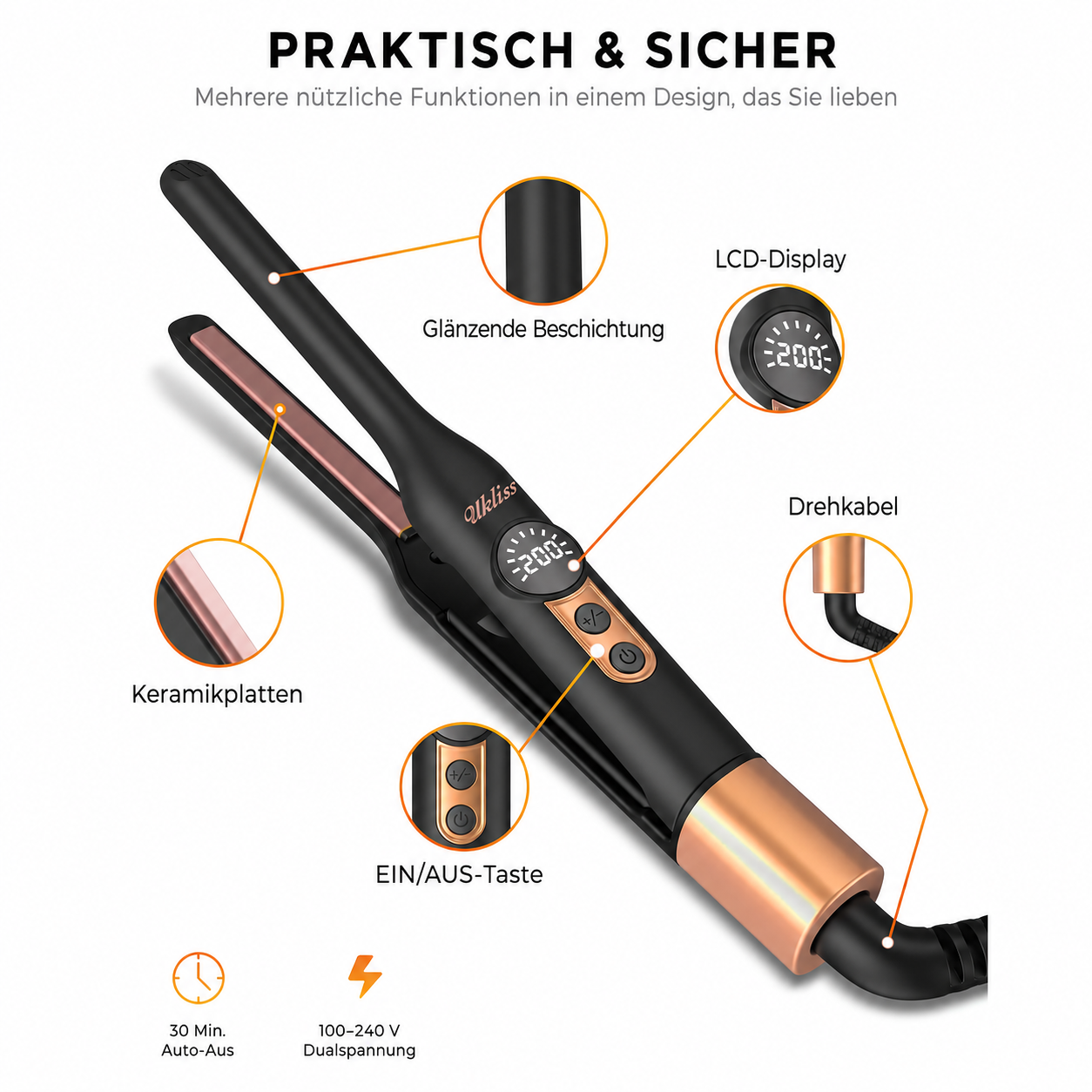 Schwarzer Glätteisen mit Kupferakzenten und LCD-Display, Funktionsdetails werden mit Zoom-Kreisen angezeigt.