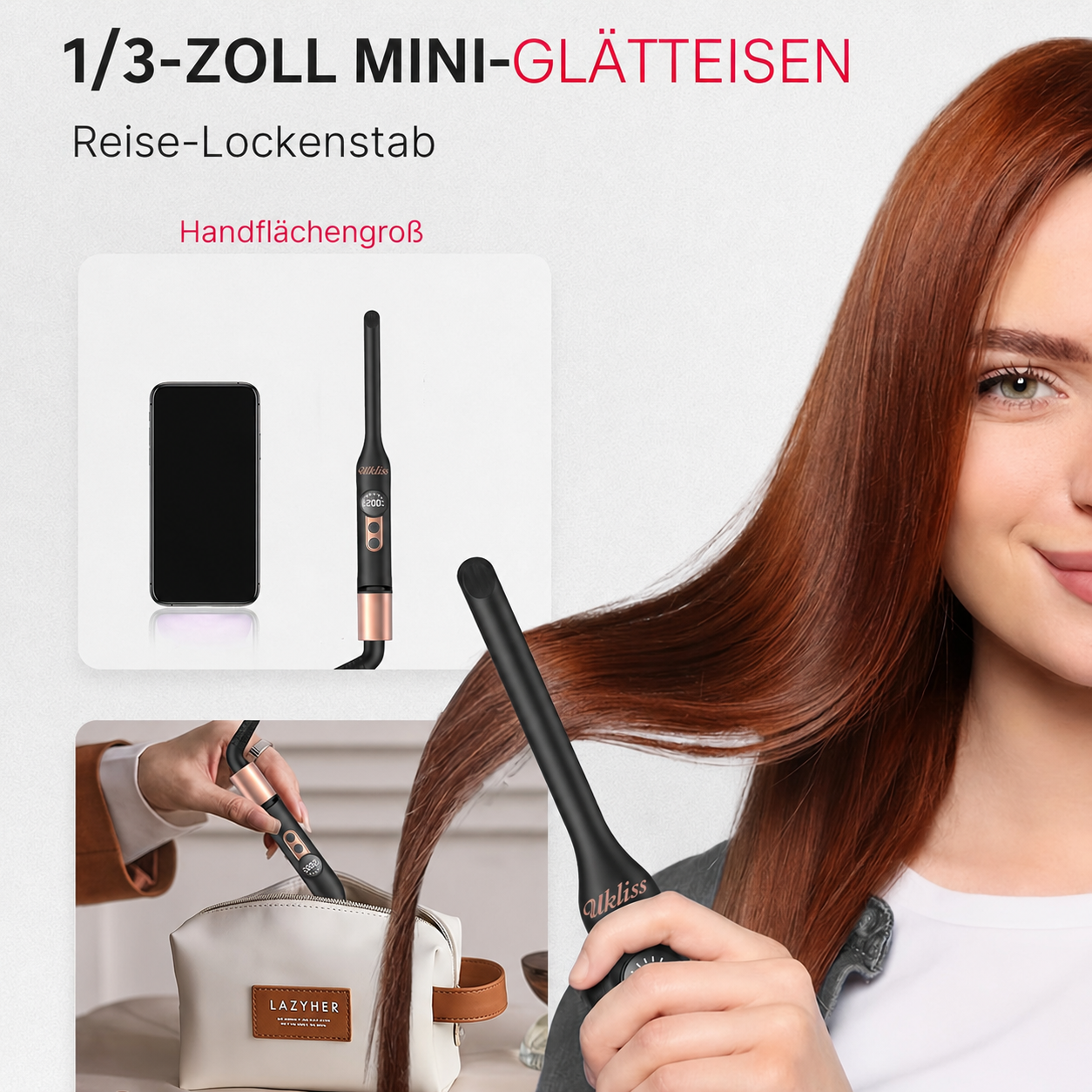 Eine Frau hält einen Mini-Lockenstab, mit Einsetzbildern, die die Größe im Vergleich zu Handy und Tasche zeigen.