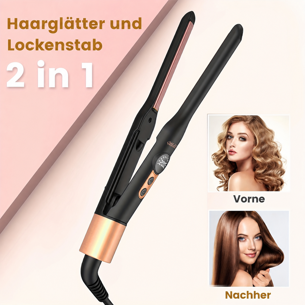 Ein schwarzer 2-in-1-Haarglätter und Lockenstab mit Roségold, neben Bildern von gewelltem und glattem Haar.