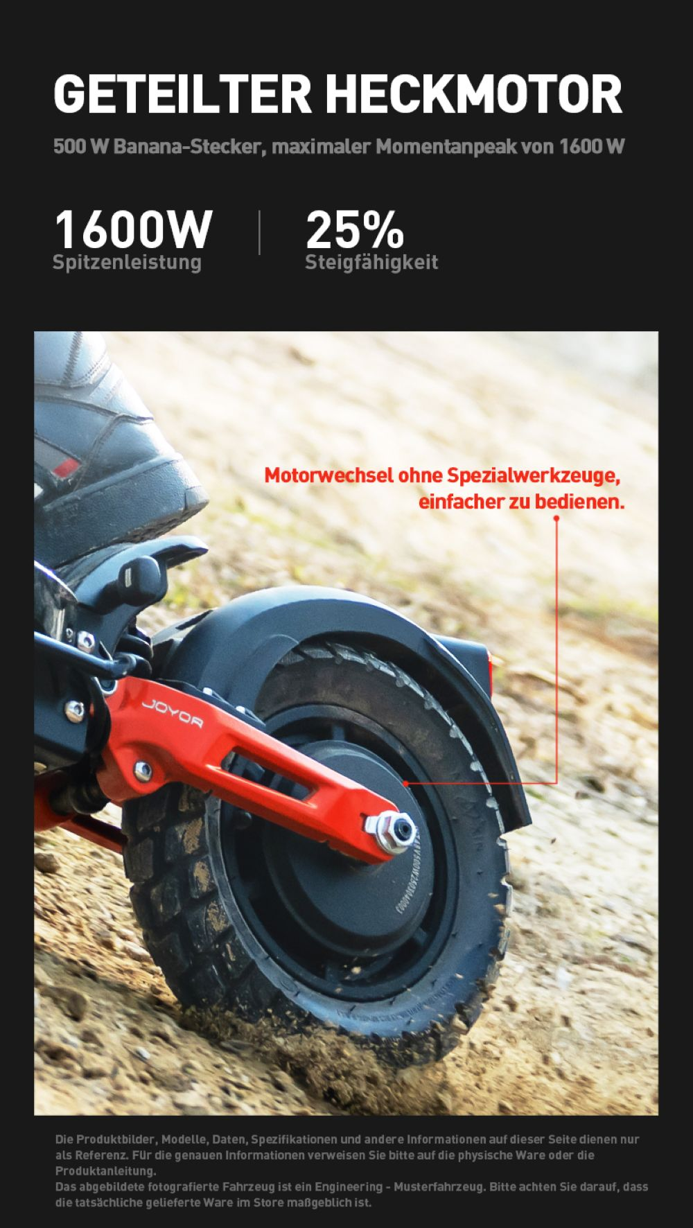 Motore posteriore per monopattino elettrico da 1600W, pendenza del 25% e cambio ruota senza attrezzi.