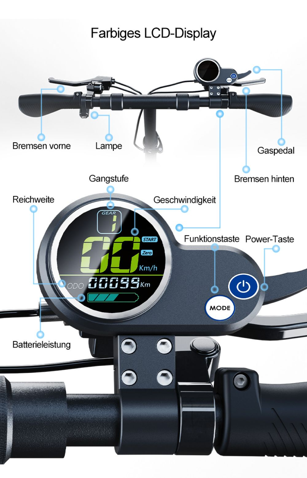 Manubrio per monopattino elettrico con display LCD a colori, pulsanti funzione ed etichette in tedesco per varie funzioni.