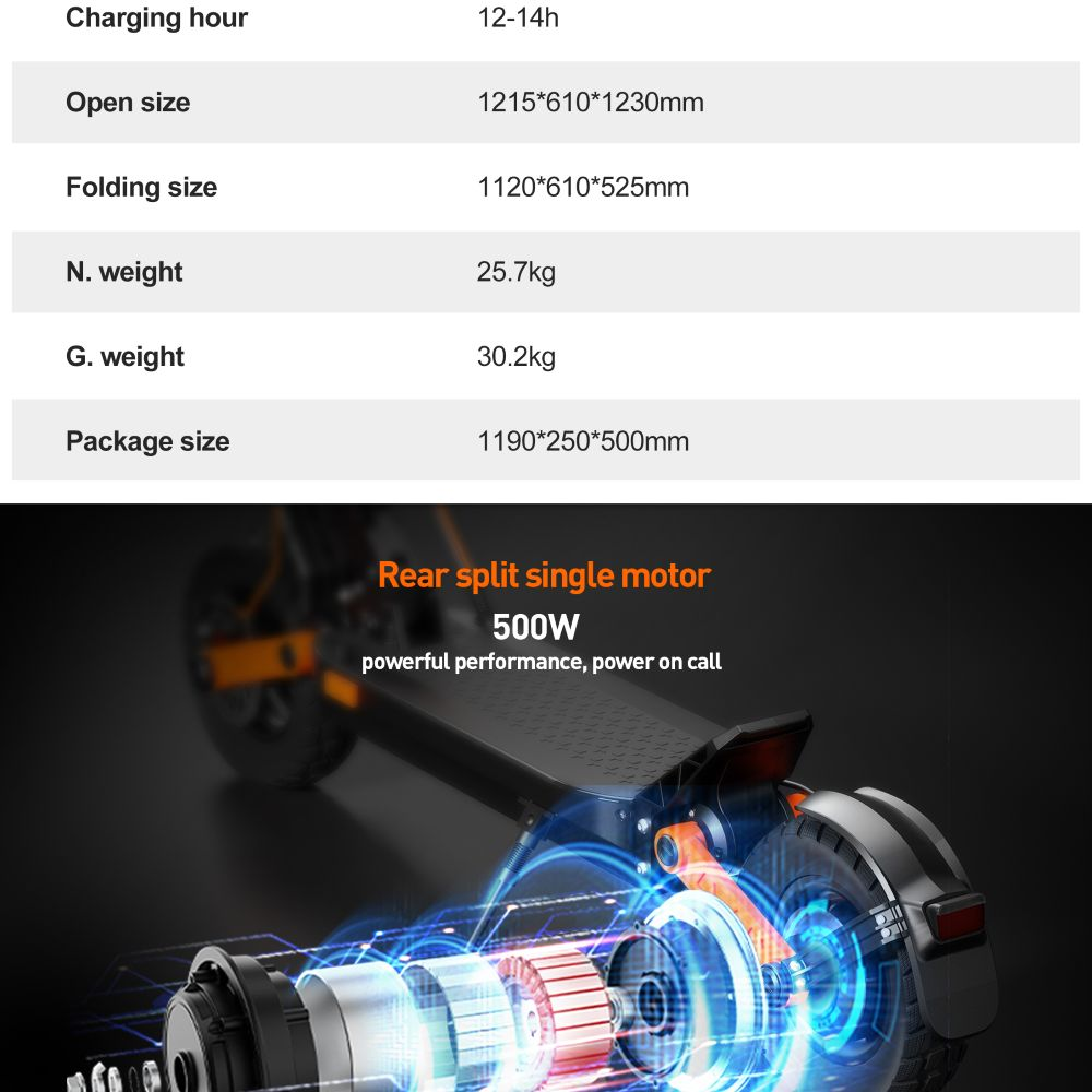 Specifiche tecniche e diagramma del motore posteriore da 500W di un monopattino elettrico.
