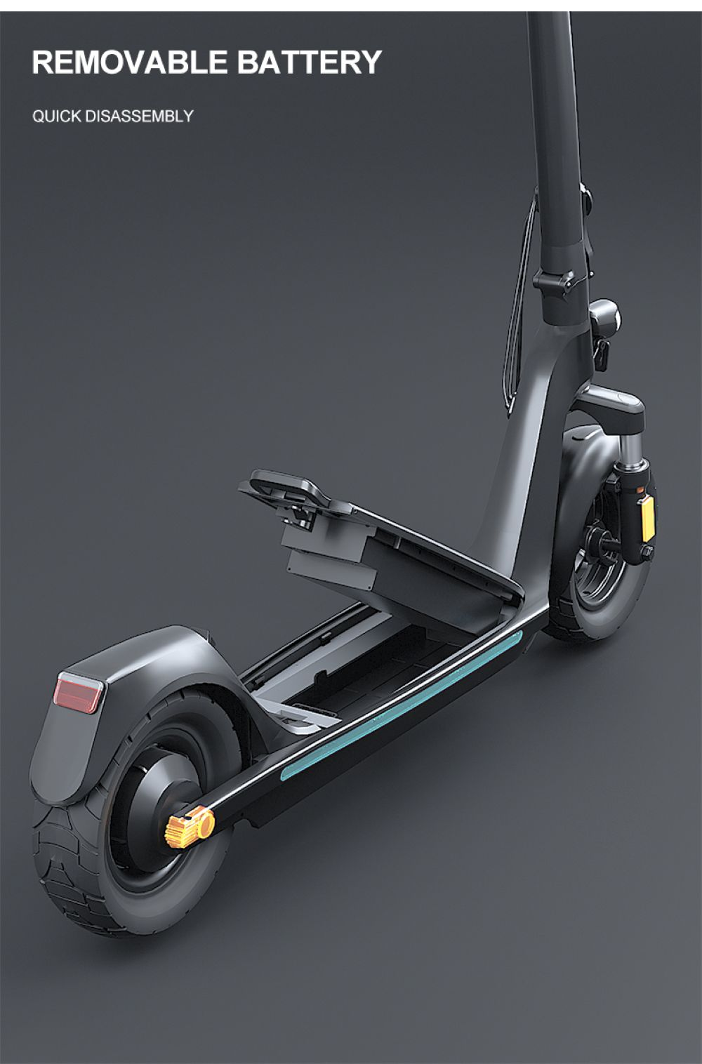Un monopattino elettrico nero con vano batteria rimovibile aperto su sfondo grigio.