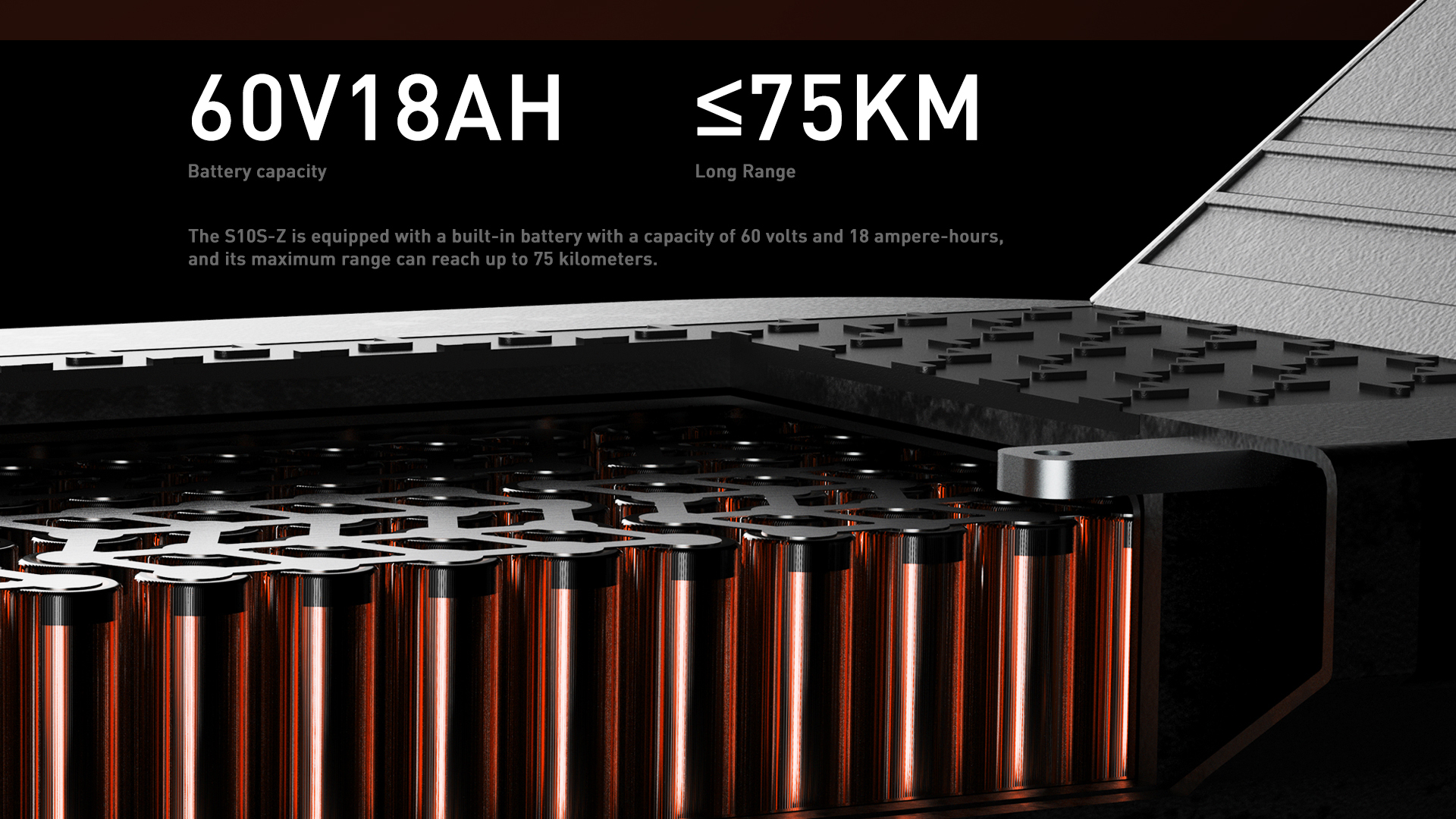 Primo piano di una batteria da 60V18Ah con autonomia fino a 75 km.