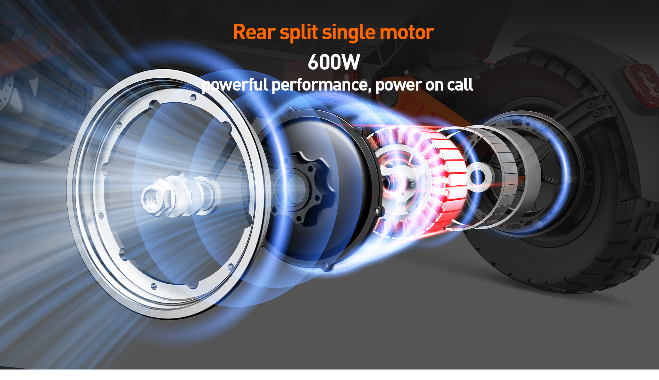 Vista esplosa di un motore posteriore per monopattino elettrico da 600W.