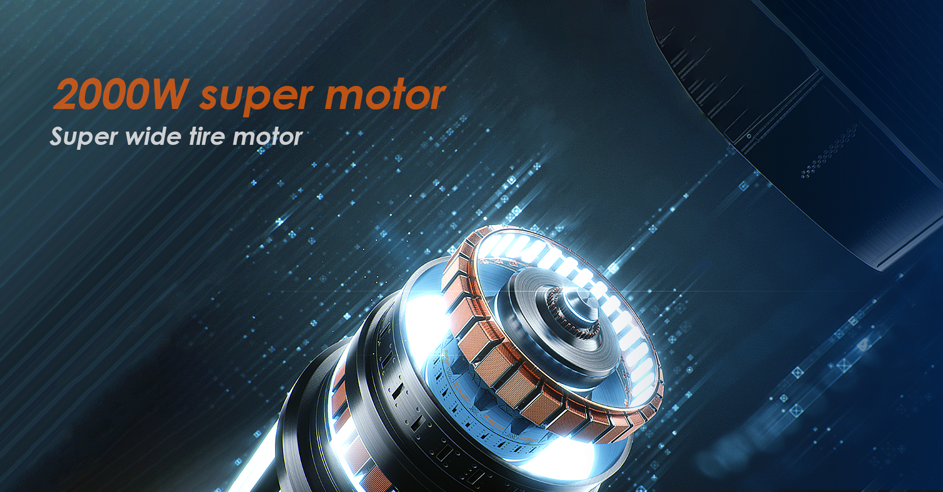 Un super motore illuminato da 2000W con bobine in rame e parti metalliche su sfondo blu.