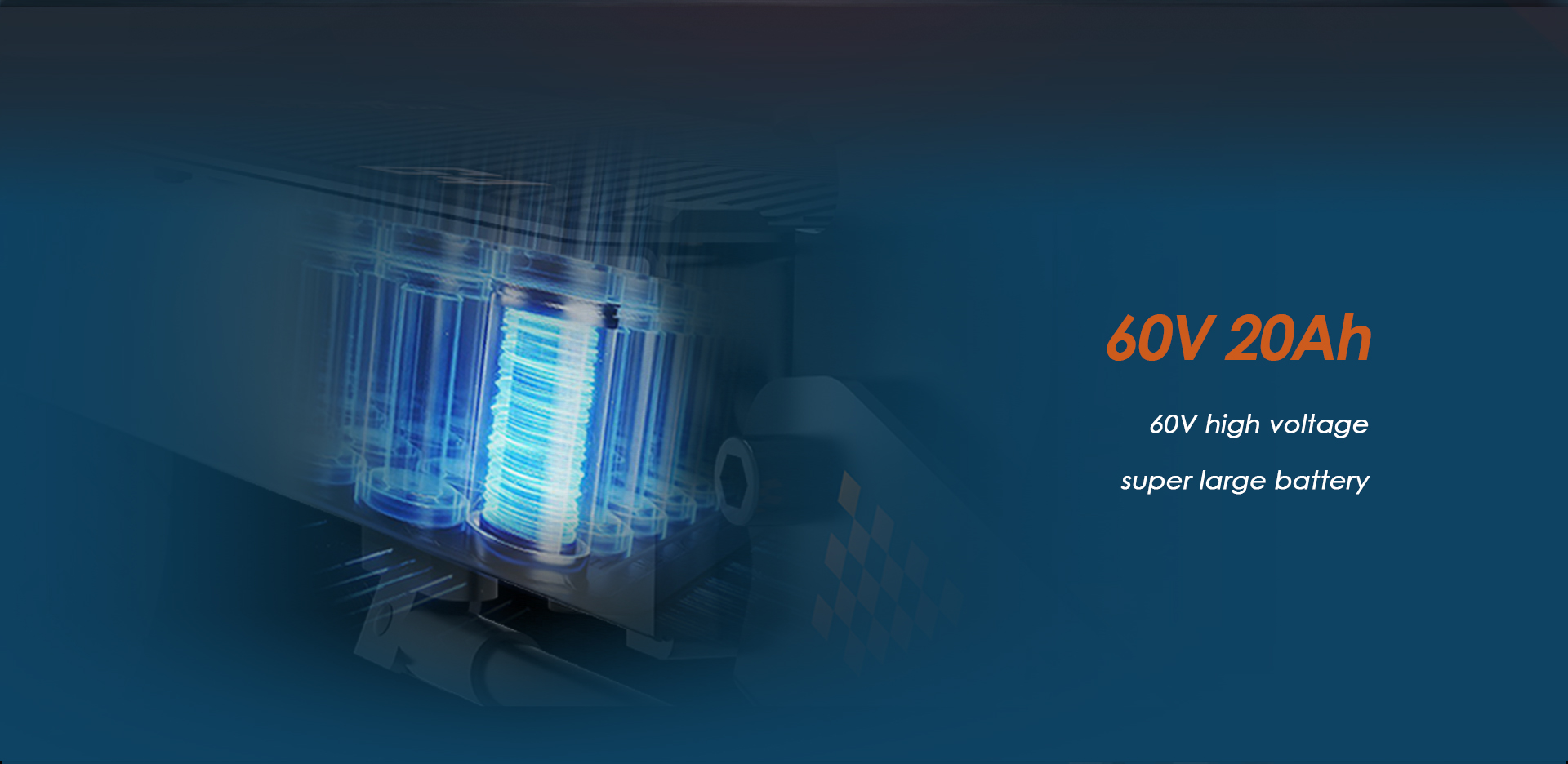 Una grafica blu mostra una batteria ad alta tensione da 60V 20Ah e super grande con celle visibili.