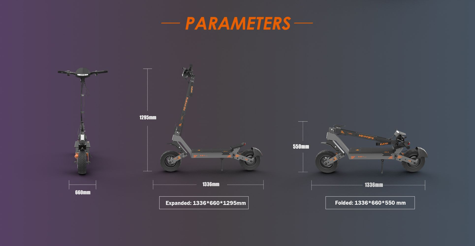 Diagramma che mostra le dimensioni di un monopattino elettrico aperto e piegato.