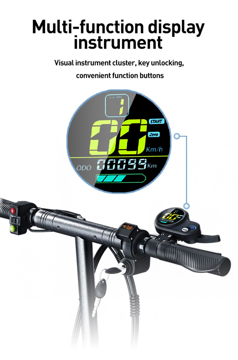Manubrio di monopattino elettrico con display a colori, accensione a chiave e acceleratore.