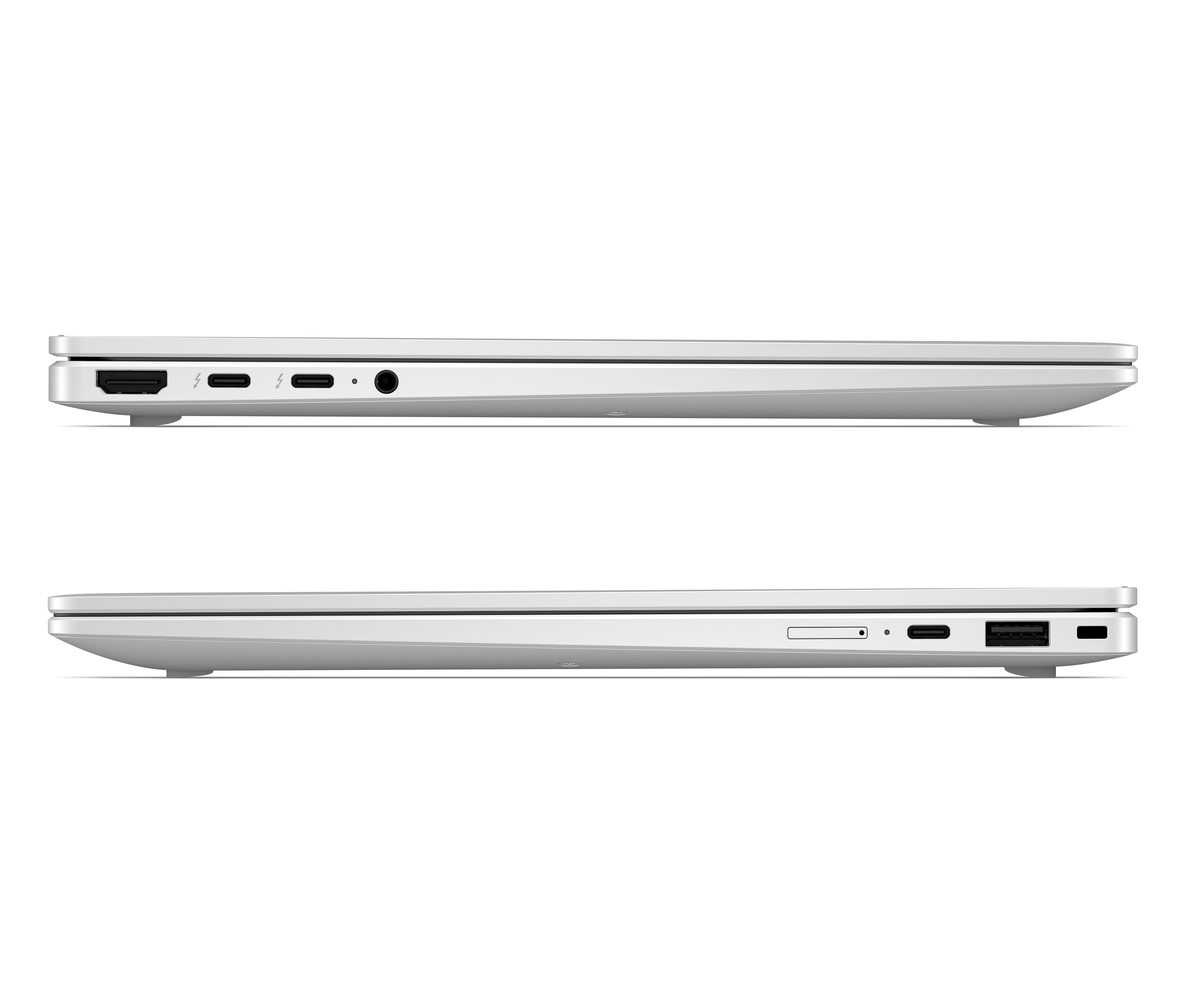 Vista laterale di un laptop argentato che mostra varie porte su entrambi i lati.