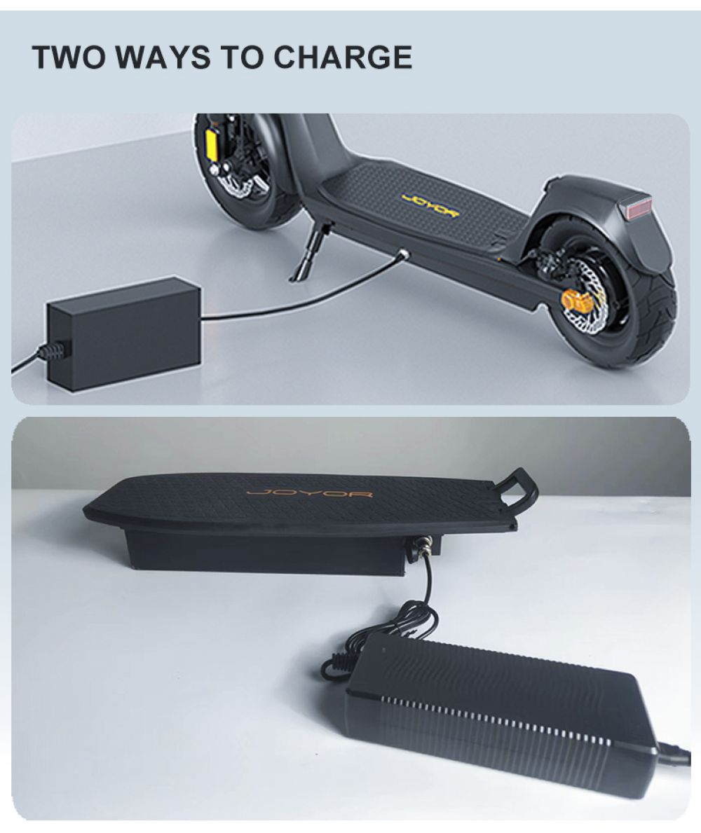 Due modi per caricare un monopattino Joyor: collegato direttamente o caricando la batteria.