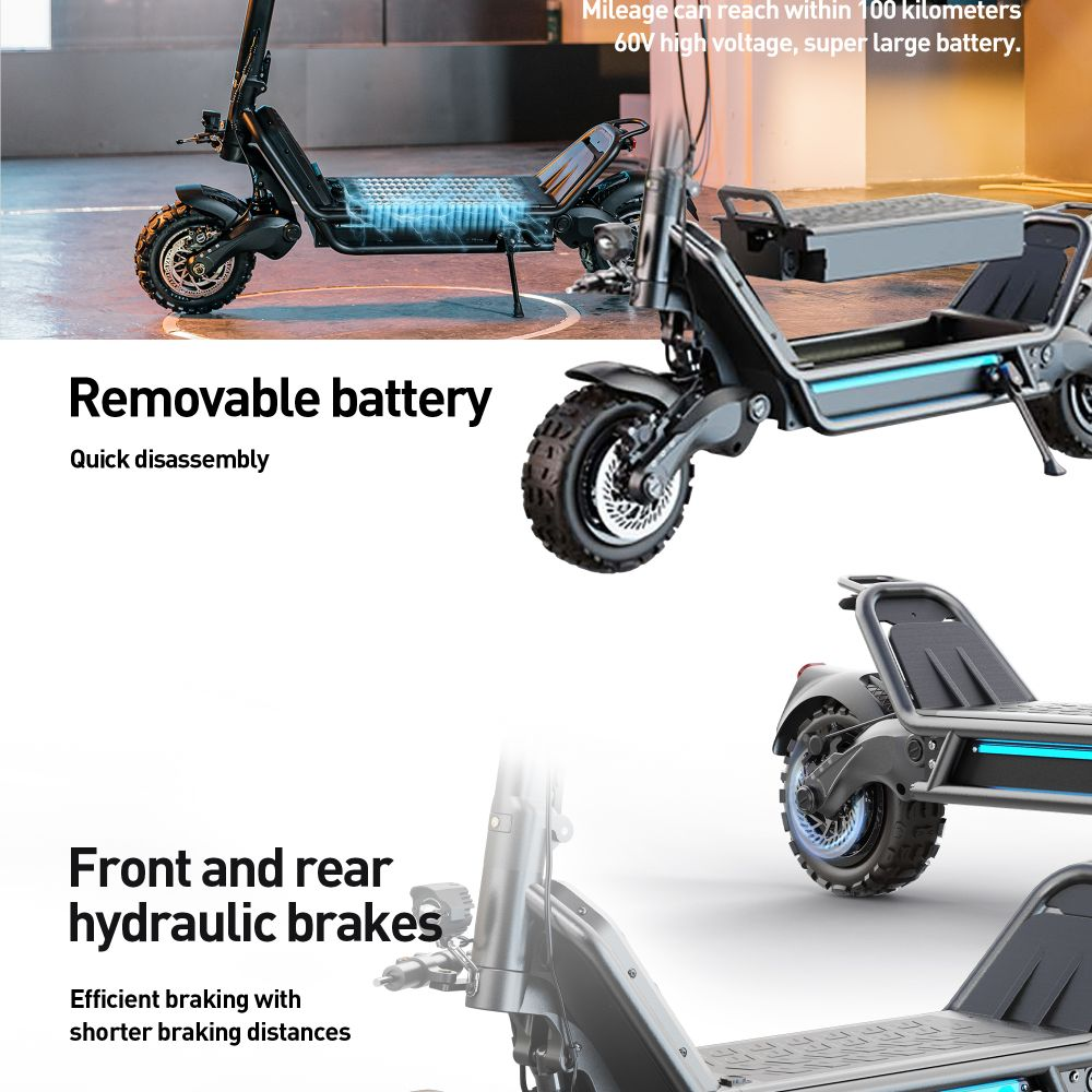 Immagine promozionale di un monopattino elettrico con batteria rimovibile e freni idraulici.
