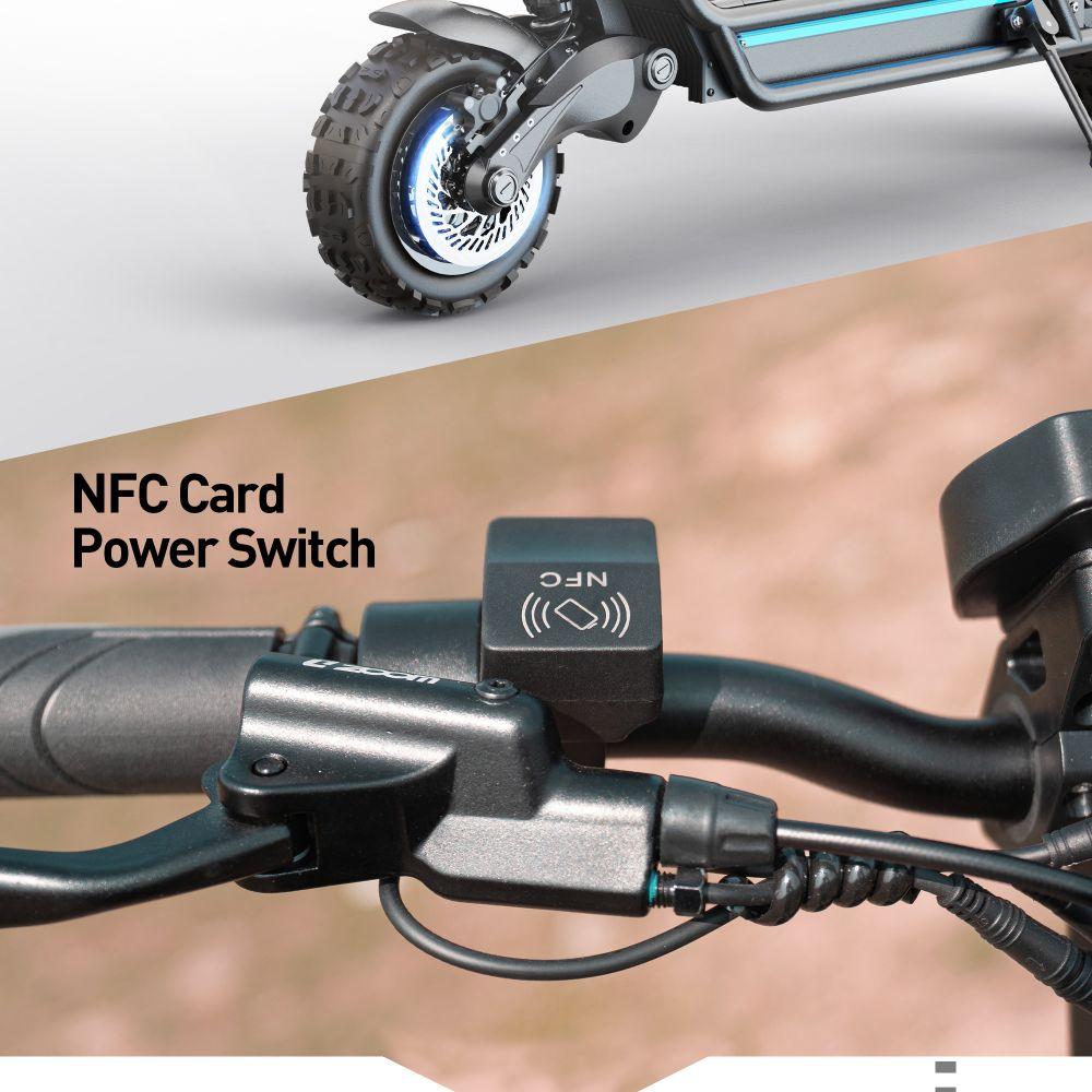 Primo piano del manubrio di un monopattino elettrico con interruttore NFC e leva del freno.