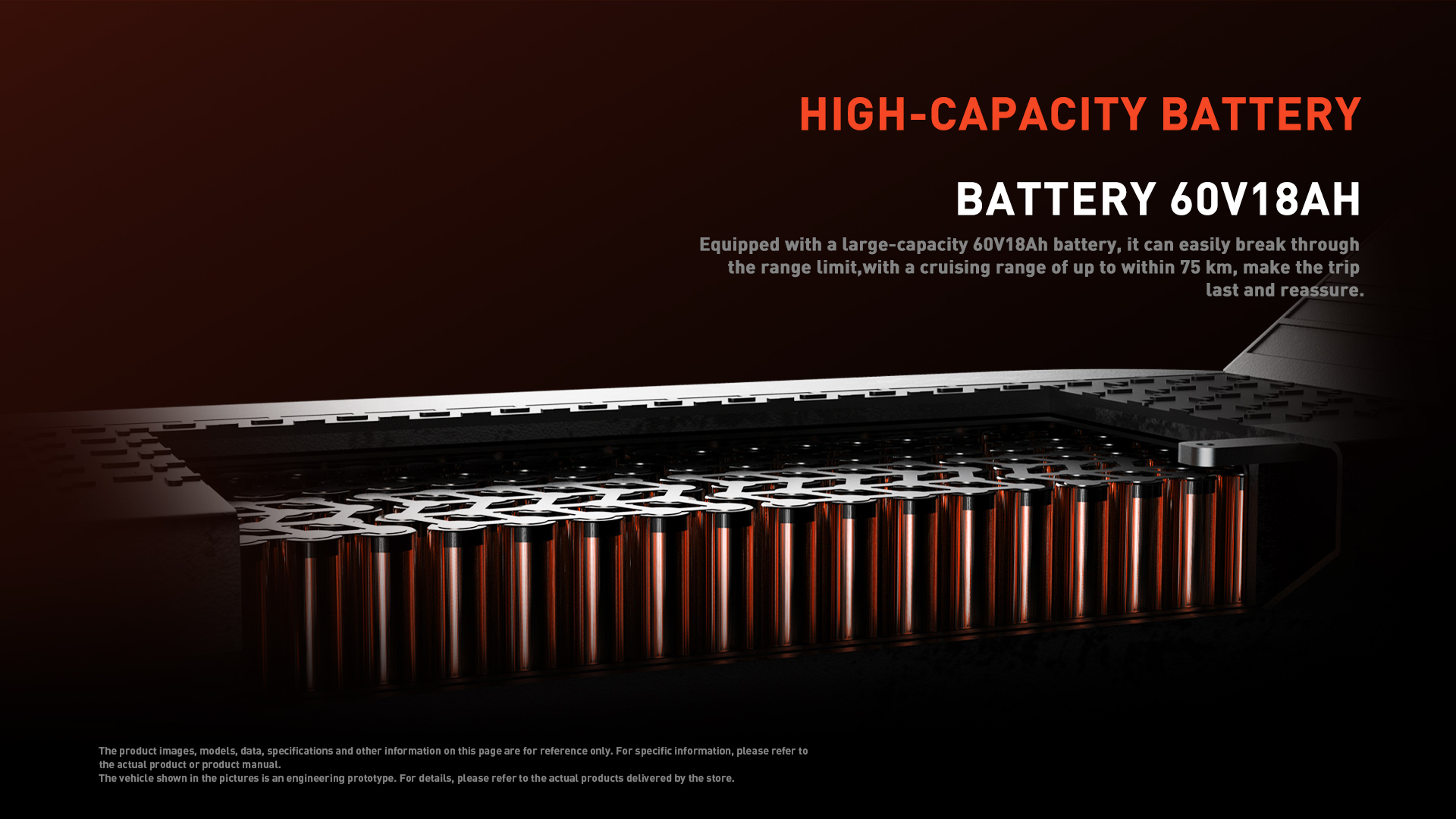 Primo piano di una batteria da 60V18Ah con celle cilindriche e testo su alta capacità e autonomia di 75 km.