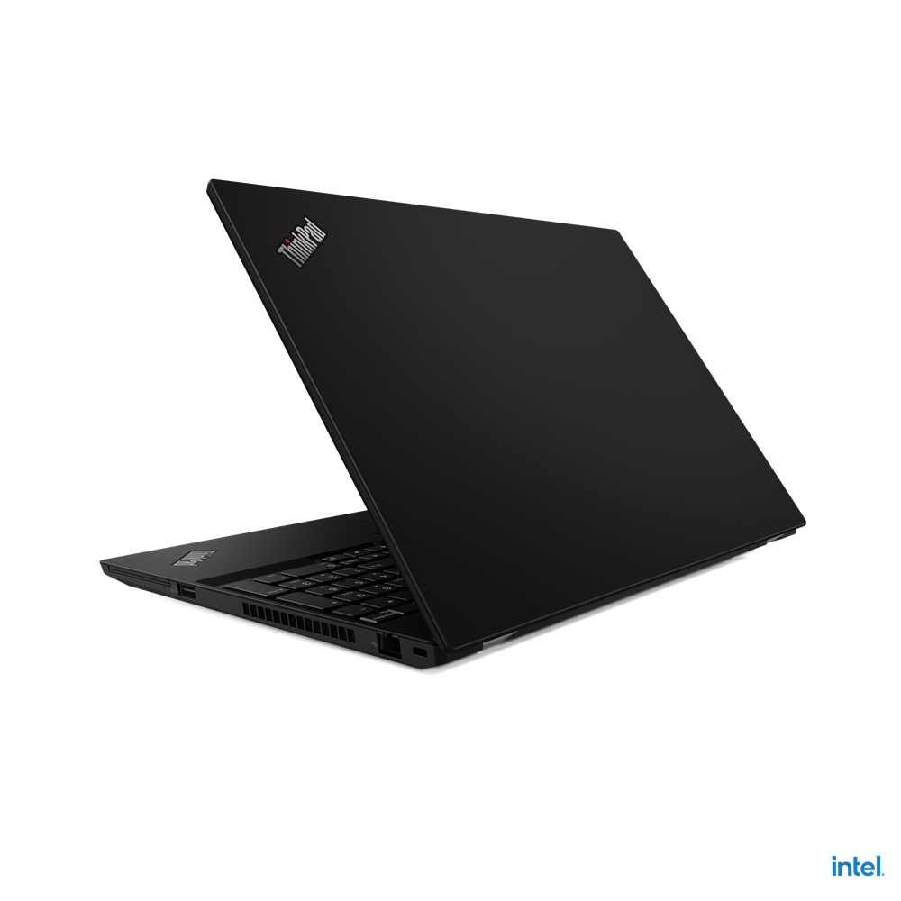 Un elegante laptop ThinkPad nero è mostrato di sbieco su sfondo bianco.