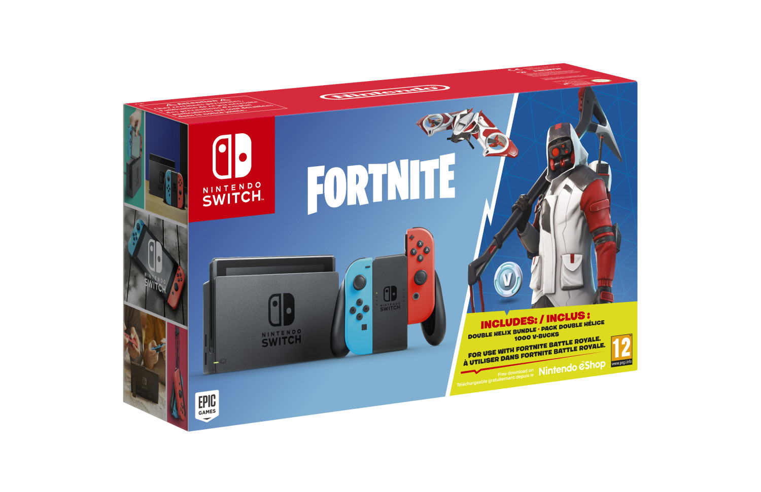Nintendo Switch Fortnite-Edition Verpackung mit Konsole, blauen und roten Joy-Cons sowie einem Fortnite-Charakter.