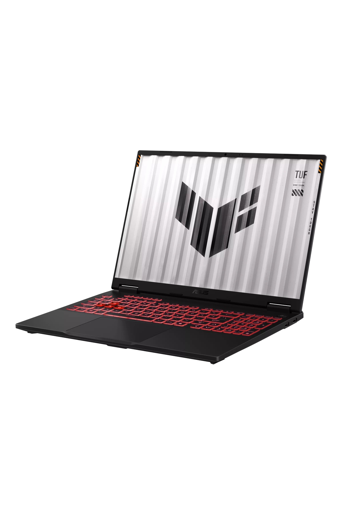 Kırmızı arkadan aydınlatmalı klavyeye ve ekranda TUF logosuna sahip siyah bir Asus TUF oyuncu dizüstü bilgisayarı.