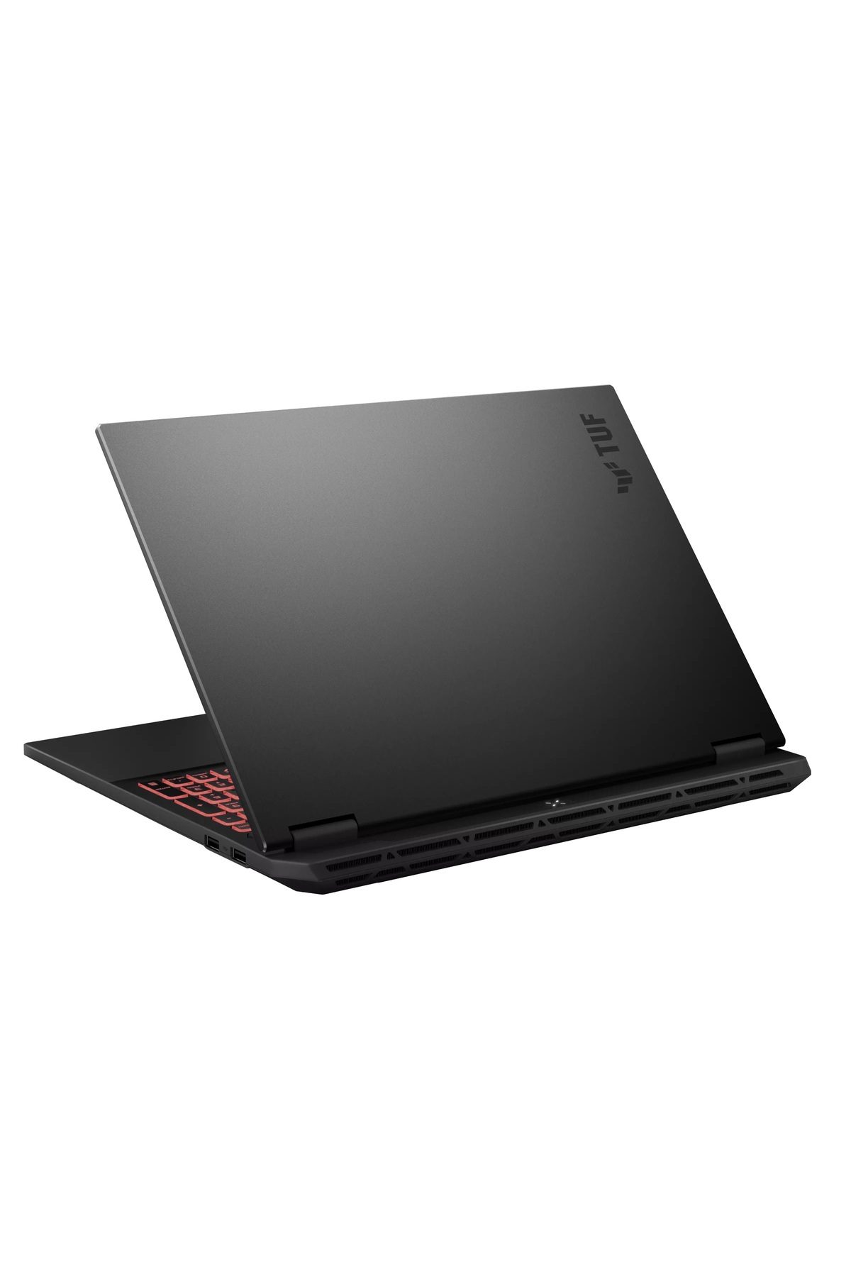 Siyah bir Asus TUF oyuncu dizüstü bilgisayarı beyaz bir yüzeyde duruyor, kapalı kapağı ve logosu görünüyor.