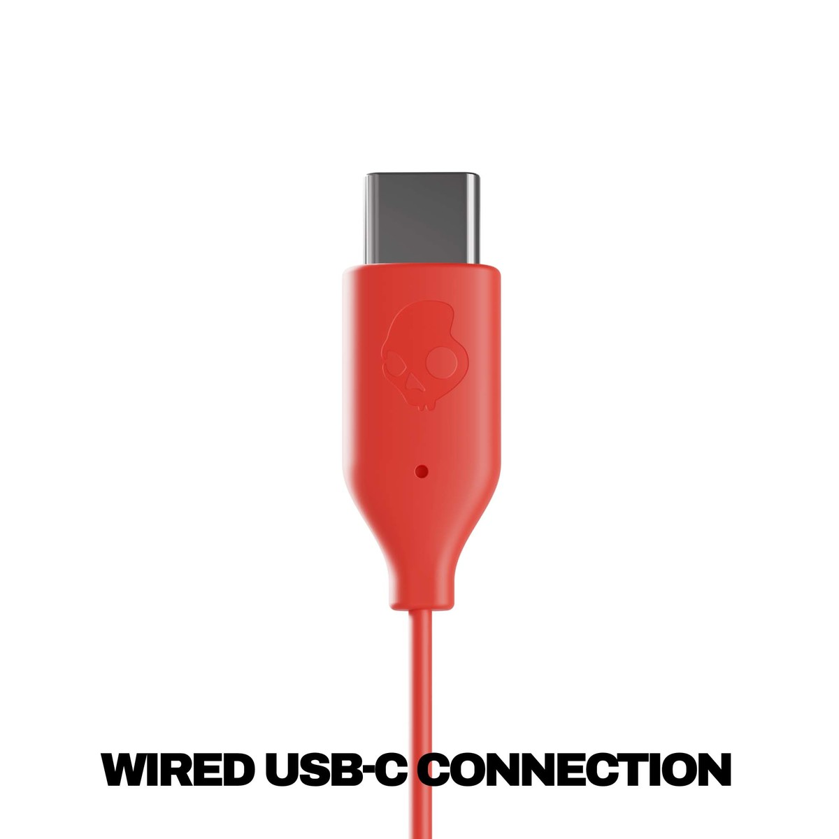 Ein roter USB-C-Kabelstecker mit Totenkopfsymbol auf weißem Grund.