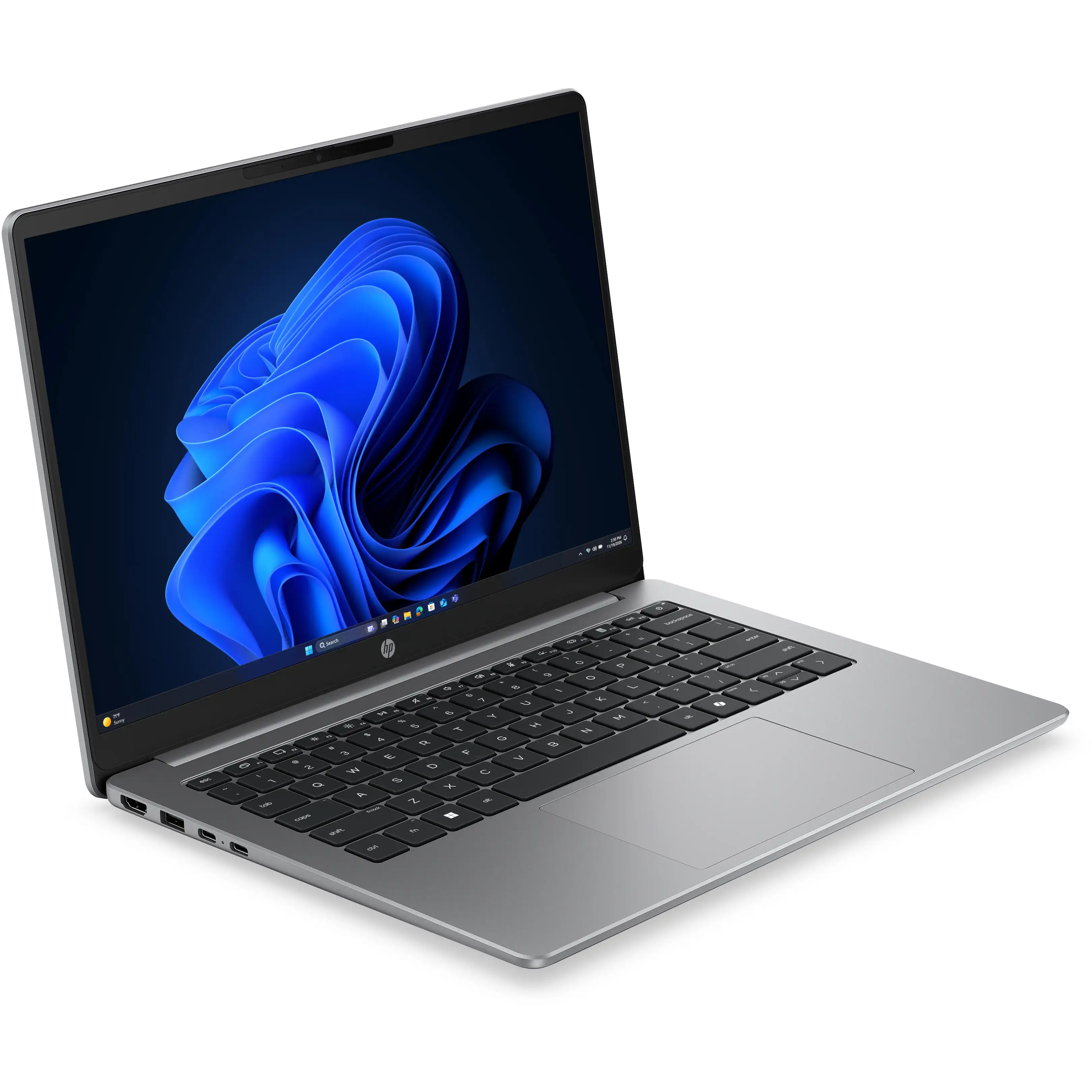 Un computer portatile argentato con tastiera nera mostra un motivo a onde astratte blu sullo schermo.