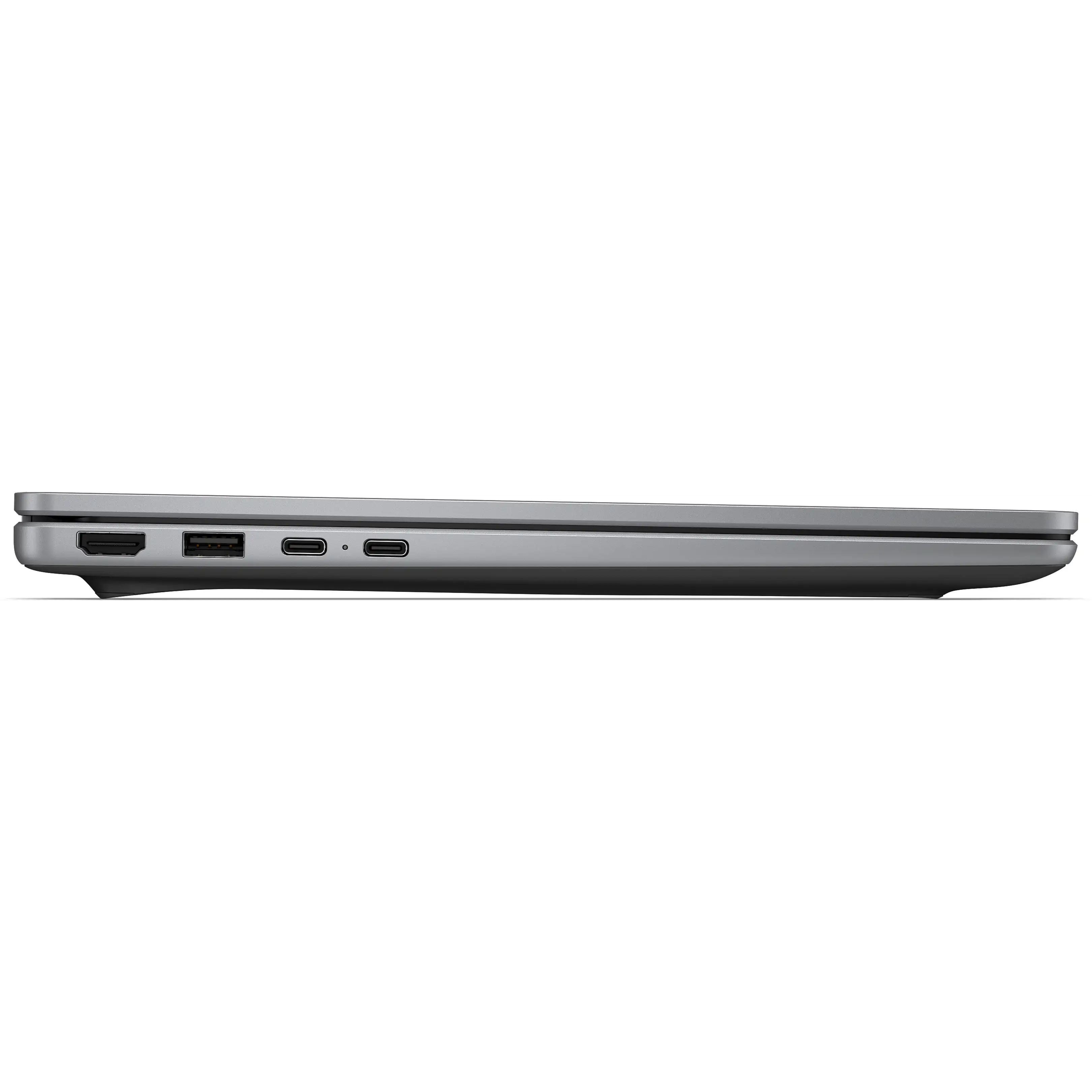 Vista laterale di un laptop grigio con porte HDMI, USB e due USB-C su sfondo nero.