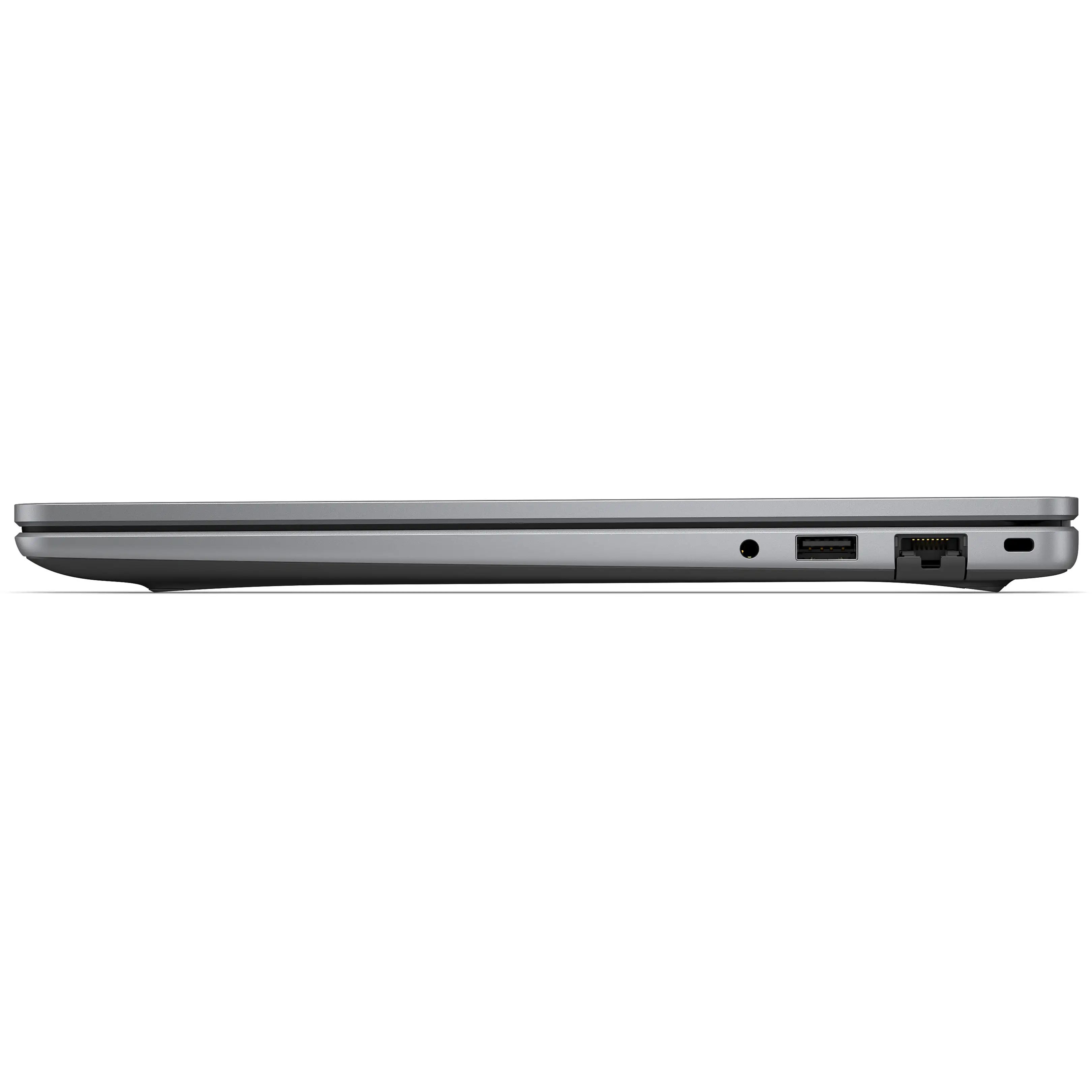 Vista laterale di un laptop grigio chiuso con jack per cuffie, porta USB, porta Ethernet e slot di sicurezza.