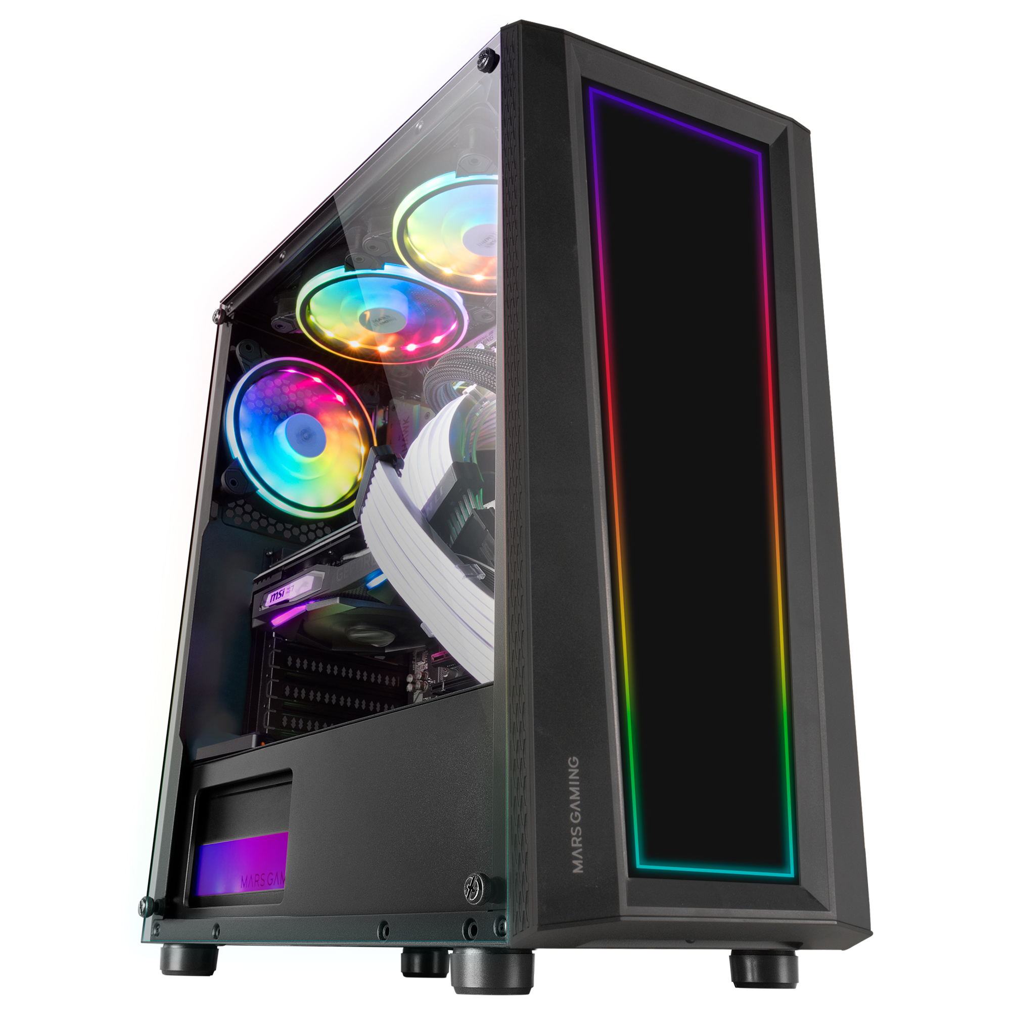 Caja de PC negra con lateral de vidrio, ventiladores RGB coloridos y panel frontal iluminado sobre fondo blanco.