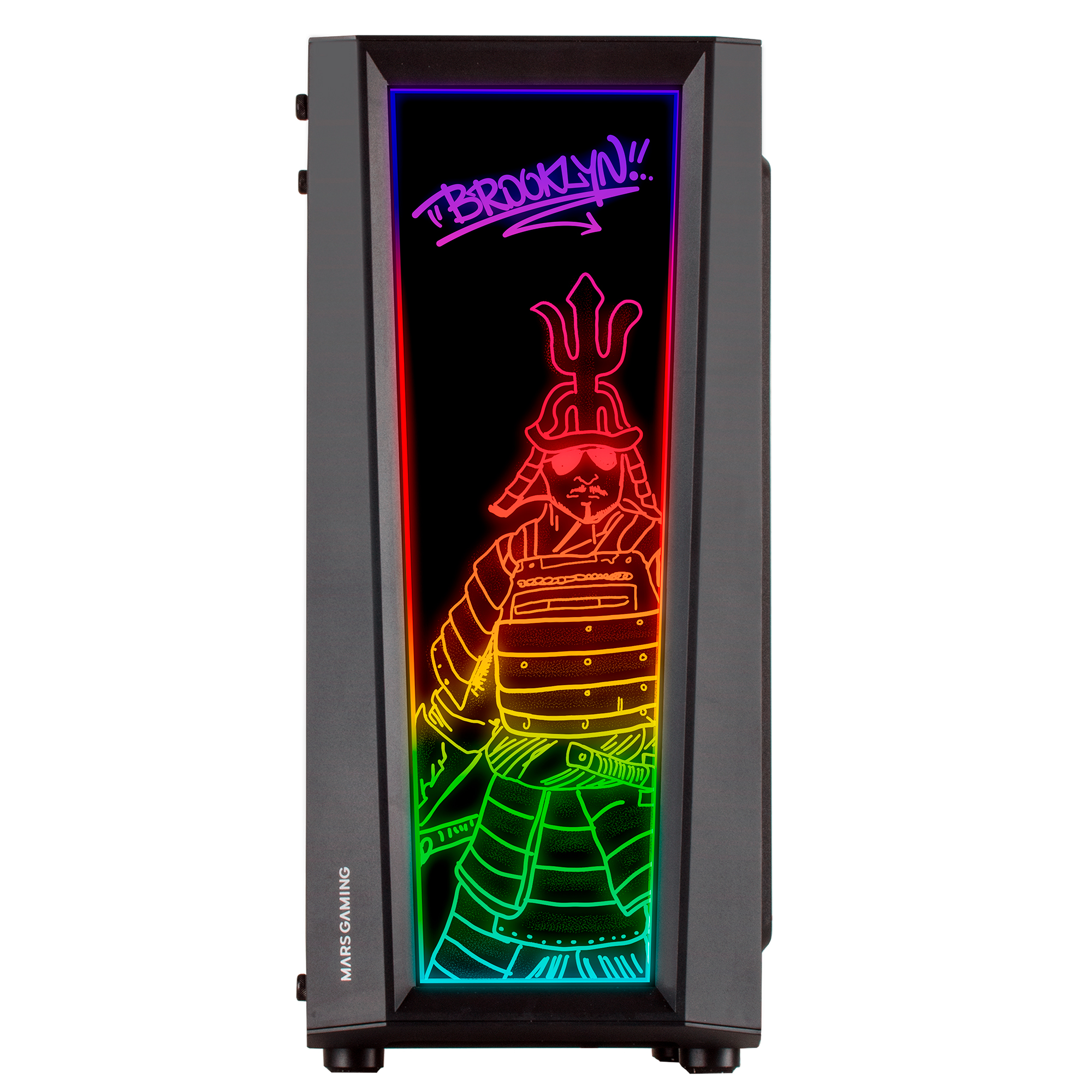 Una torre de PC negra con un gráfico de neón colorido y brillante de un samurái y la palabra BROOKLYN.