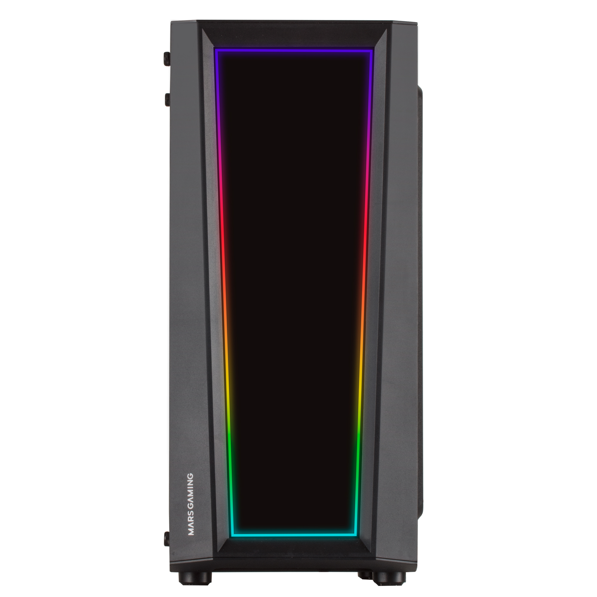 Torre de PC negra con una tira de luz RGB vertical en el frente.
