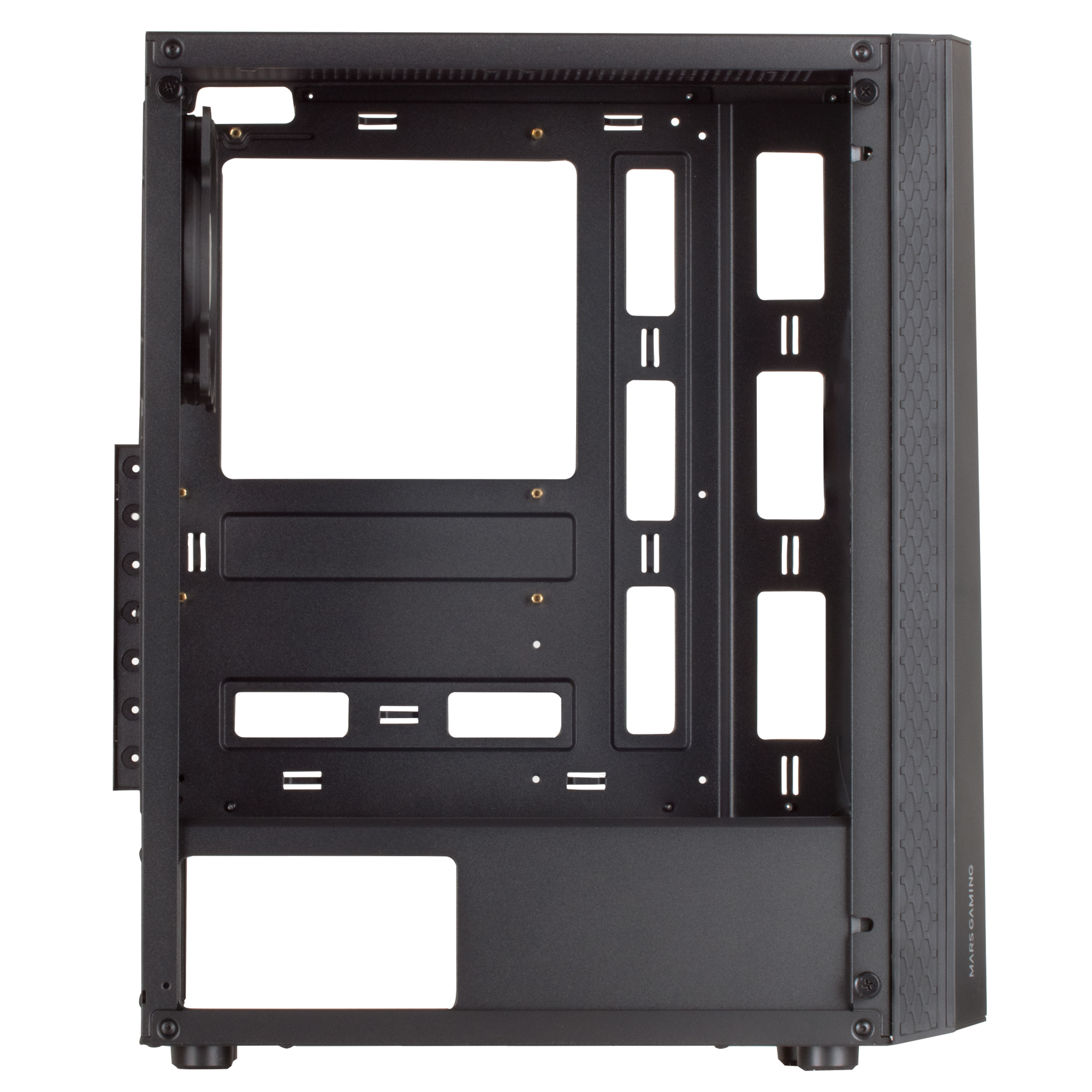 Interior de una caja de PC negra vacía con varias ranuras de montaje.