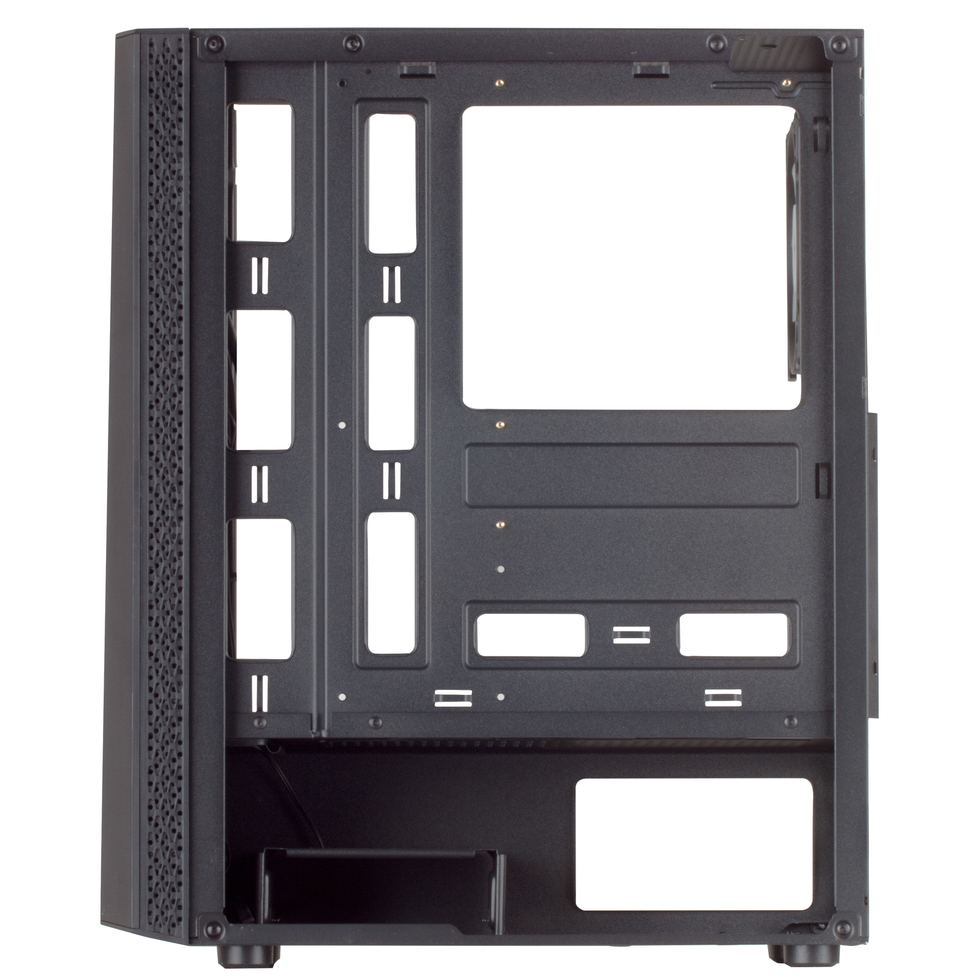 Interior de una caja de PC negra vacía con ranuras para cables, cubierta para fuente y panel frontal mallado.