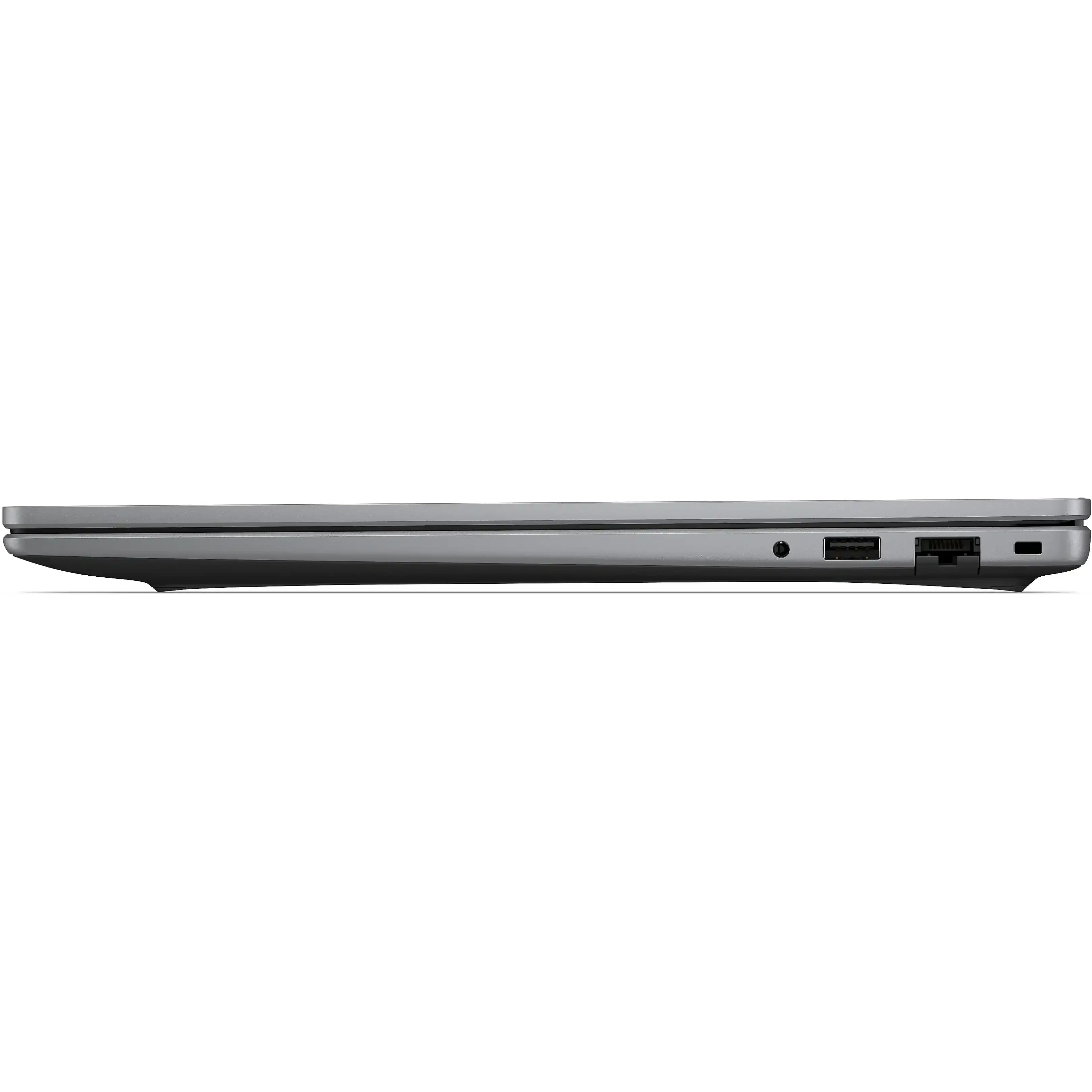 Vista laterale di un laptop grigio con jack audio, porta USB e porta Ethernet.
