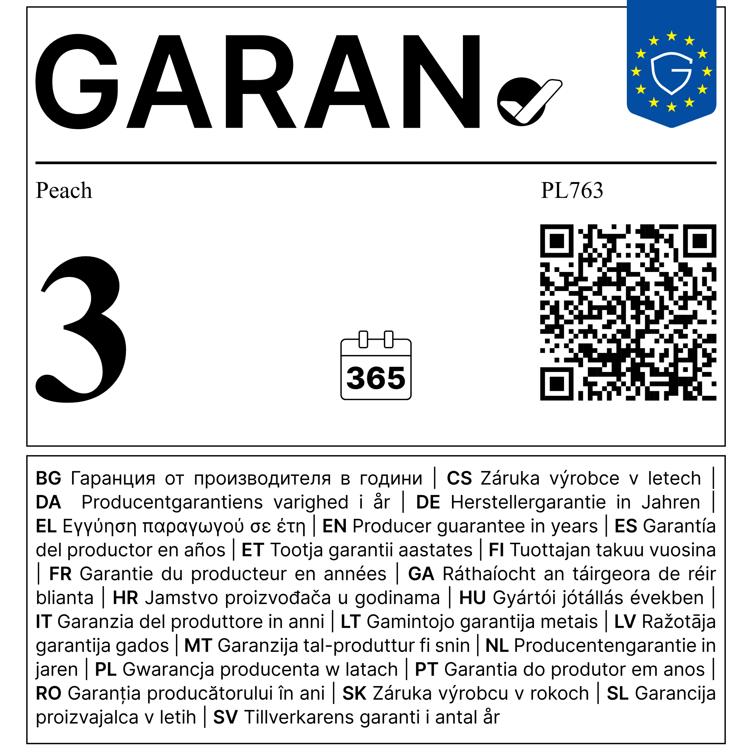Carte de garantie avec texte, chiffre 3, icône de calendrier, code QR et logo de l'UE.