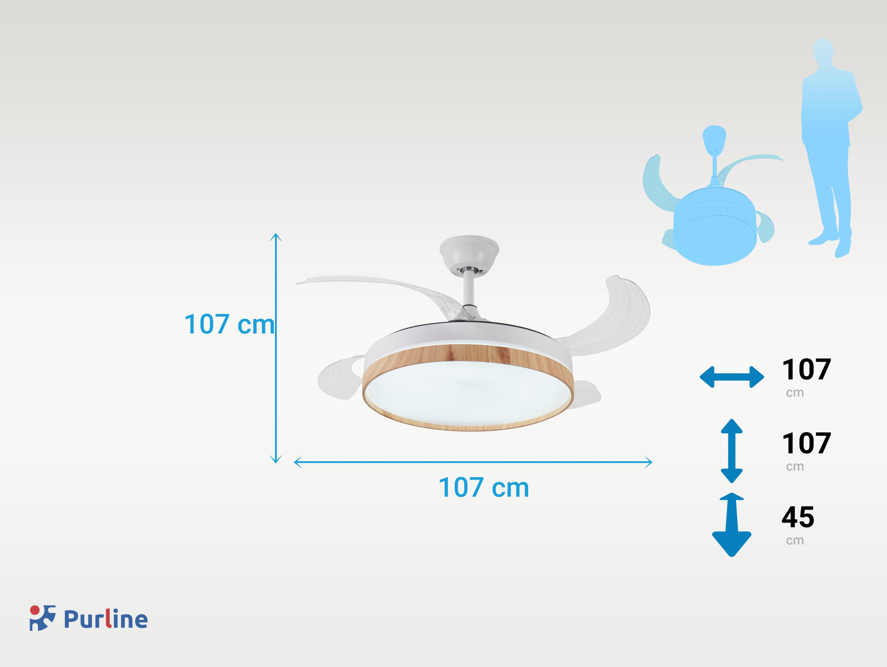 Diagrama técnico de un ventilador de techo blanco con detalles de madera y 107 cm.
