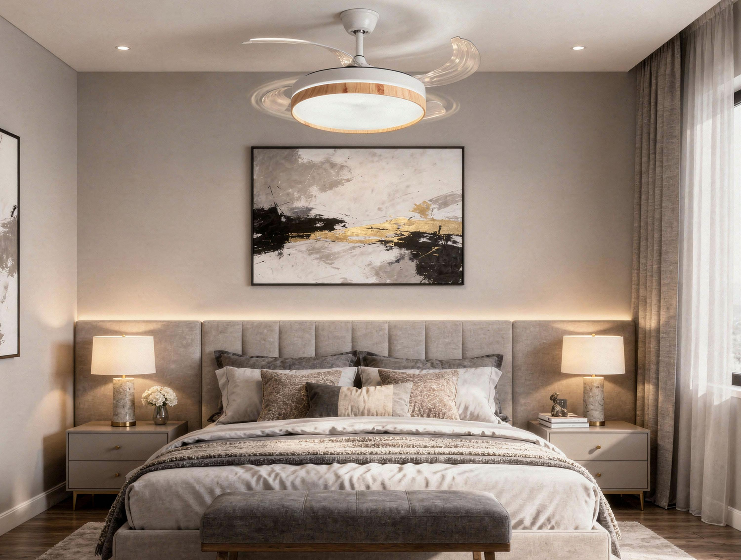 Lujoso dormitorio moderno con cama tapizada, mesitas de noche, arte abstracto y un ventilador de techo contemporáneo.