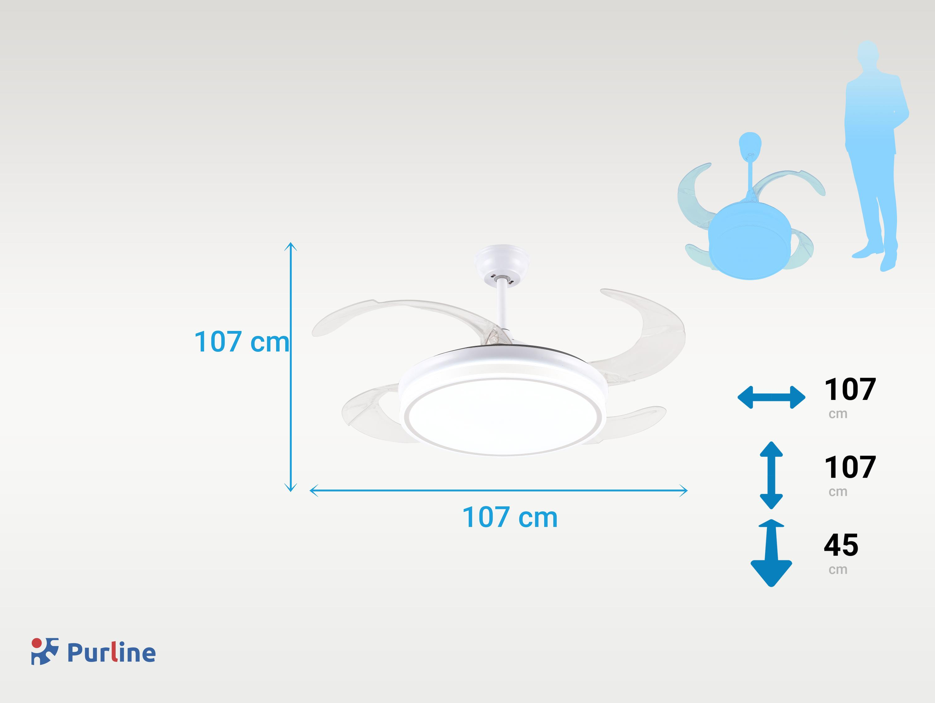 Dibujo técnico de un ventilador de techo blanco con luz, dimensiones 107 cm de diámetro y logotipo de Purline.