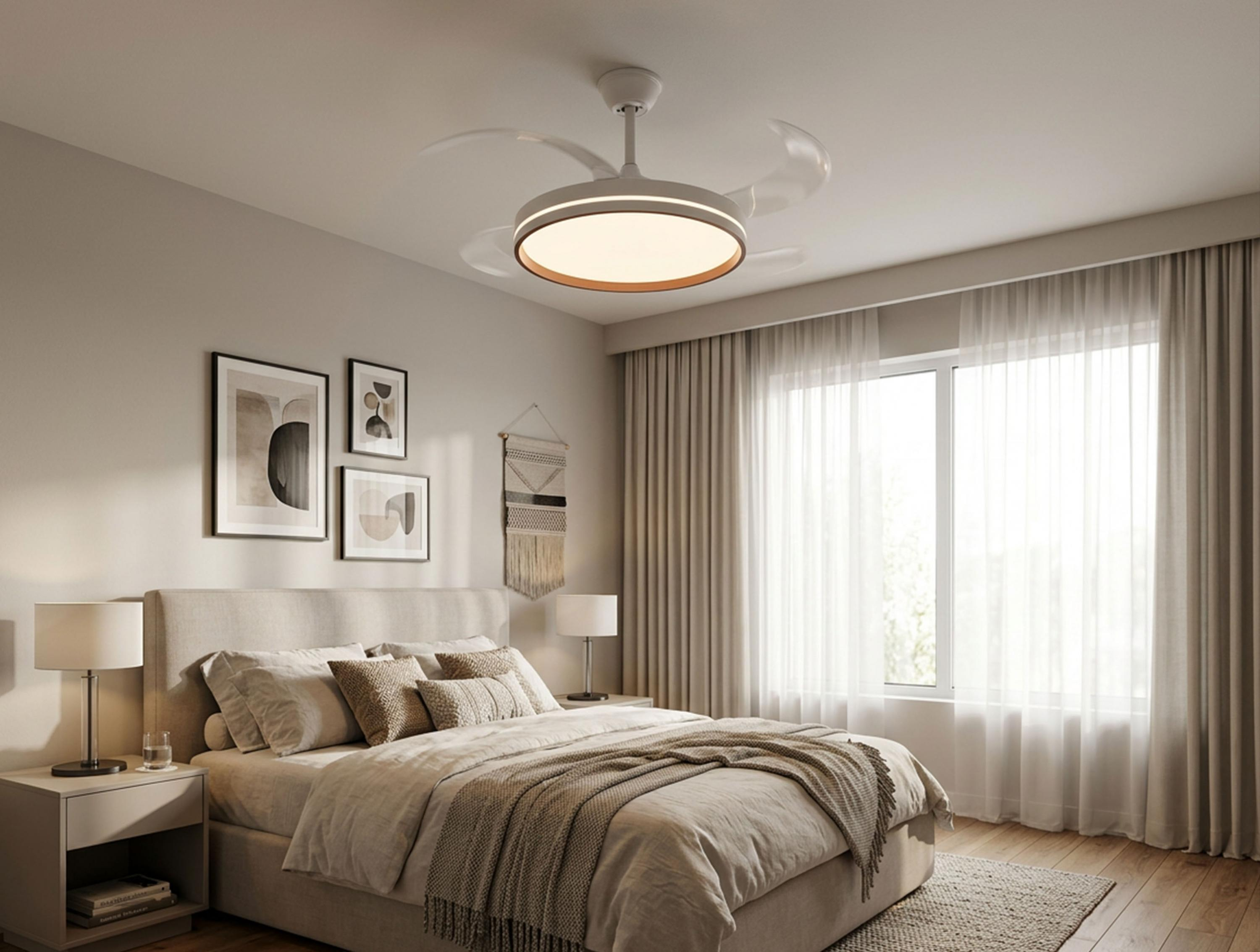 Un dormitorio luminoso y moderno con una cama grande, lámparas de noche y un ventilador de techo iluminado.