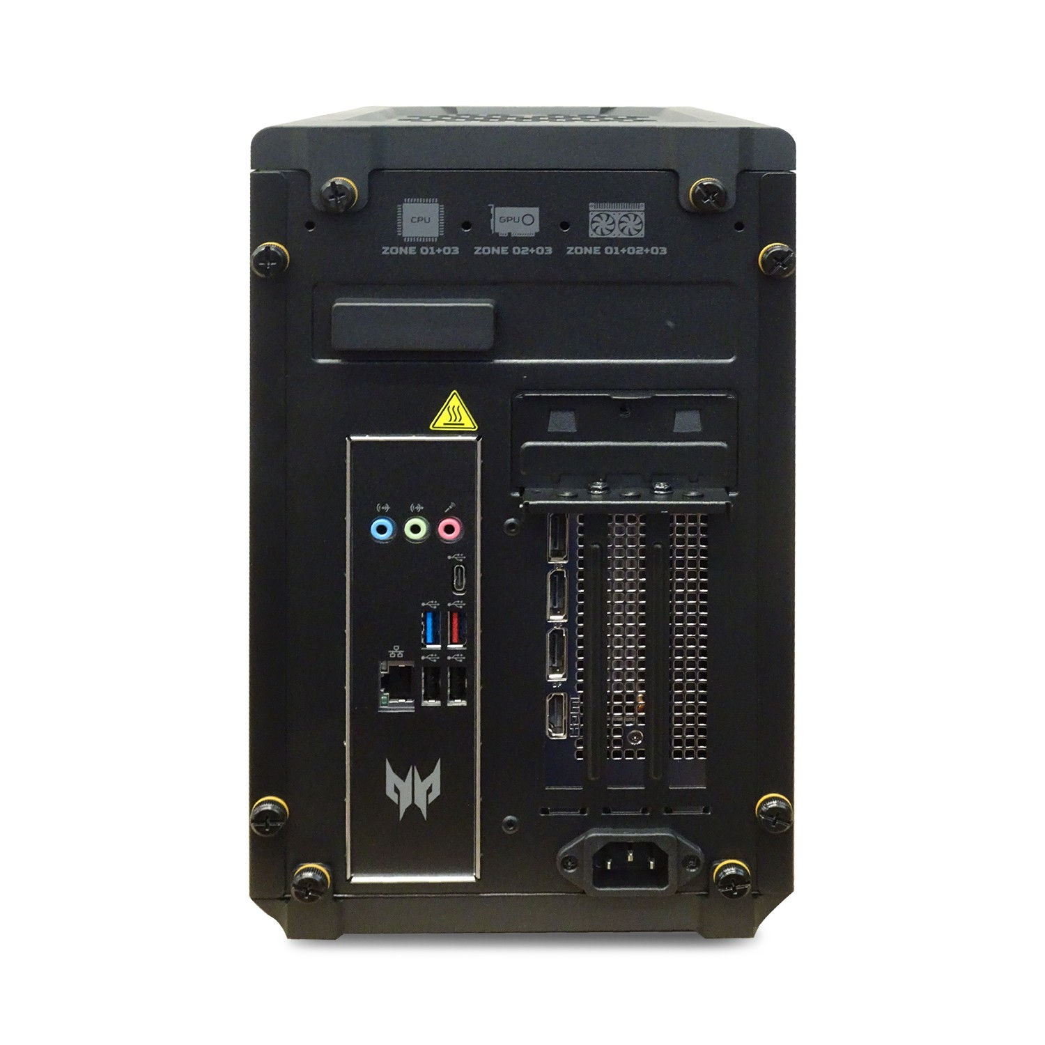 Rückseite eines schwarzen PC-Gehäuses mit Motherboard-Anschlüssen, Erweiterungs-Slots und Netzeingang auf weißem Grund.