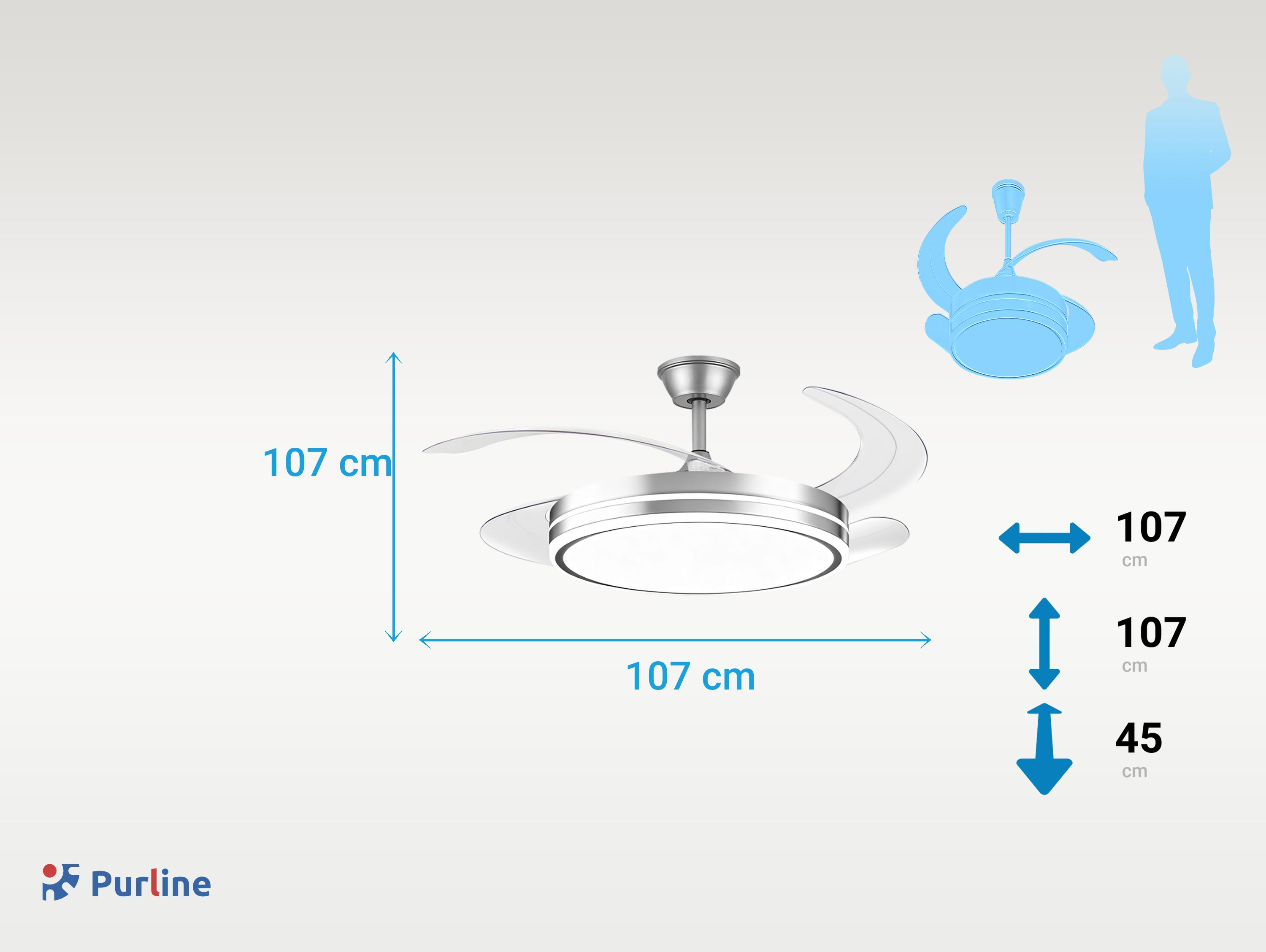 Dibujo técnico de un ventilador de techo plateado con iluminación y dimensiones de 107 cm.