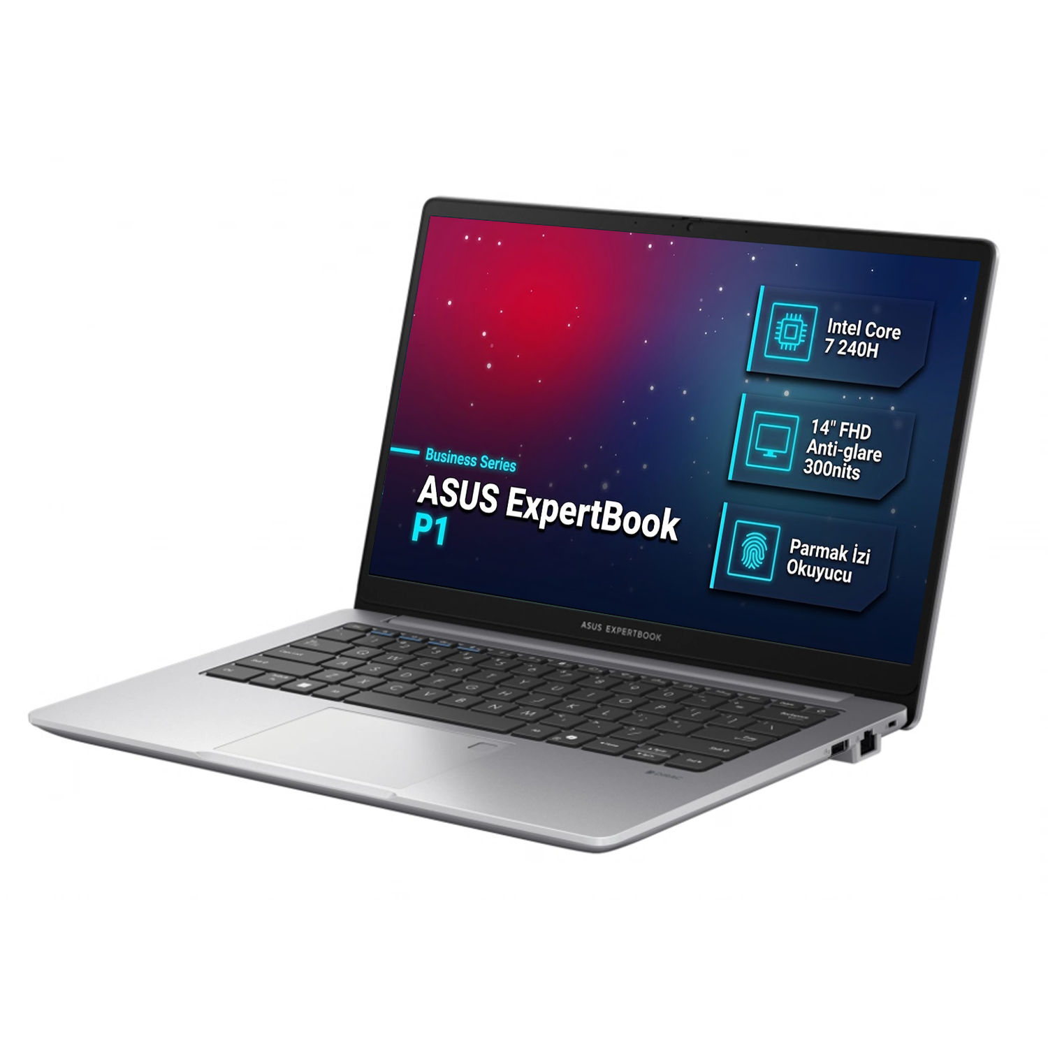 Beyaz arka planda Asus ExpertBook P1 dizüstü bilgisayar, ekran teknik özellikleri ve kırmızı uzay arkaplanını gösteriyor.