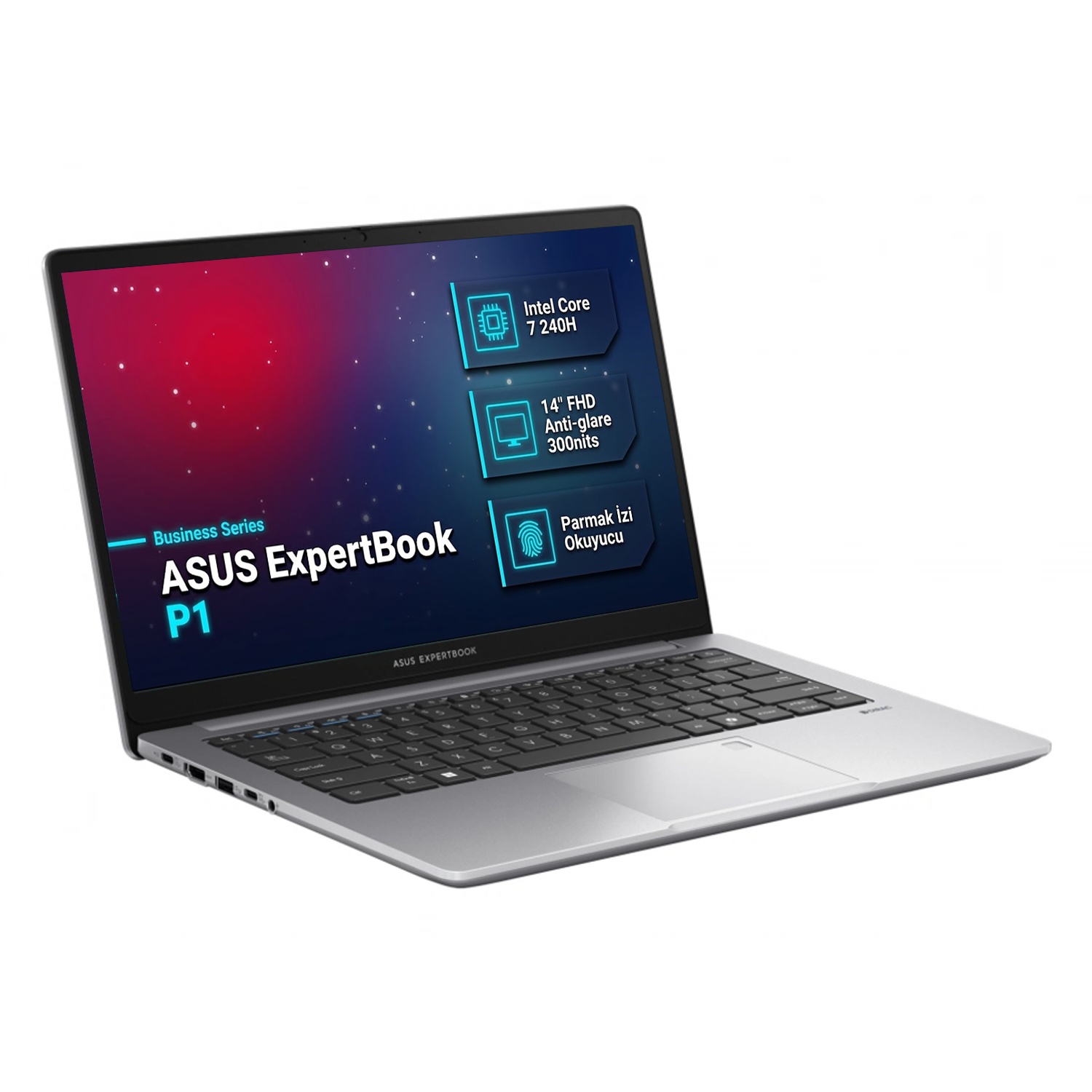 Ekranında teknik özellikler bulunan, beyaz arkaplanlı ASUS ExpertBook P1 dizüstü bilgisayar.