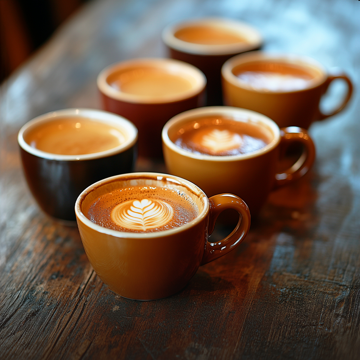 Diverse tazze di caffè con latte art sono disposte su una superficie di legno scuro.