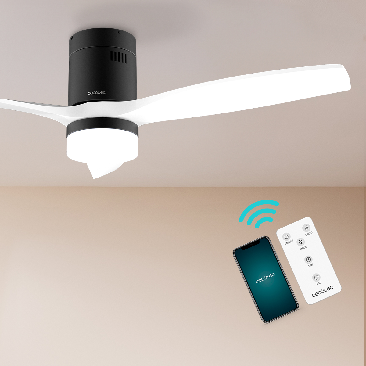 Ein schwarz-weißer Deckenventilator mit Licht, steuerbar über Smartphone und Fernbedienung.