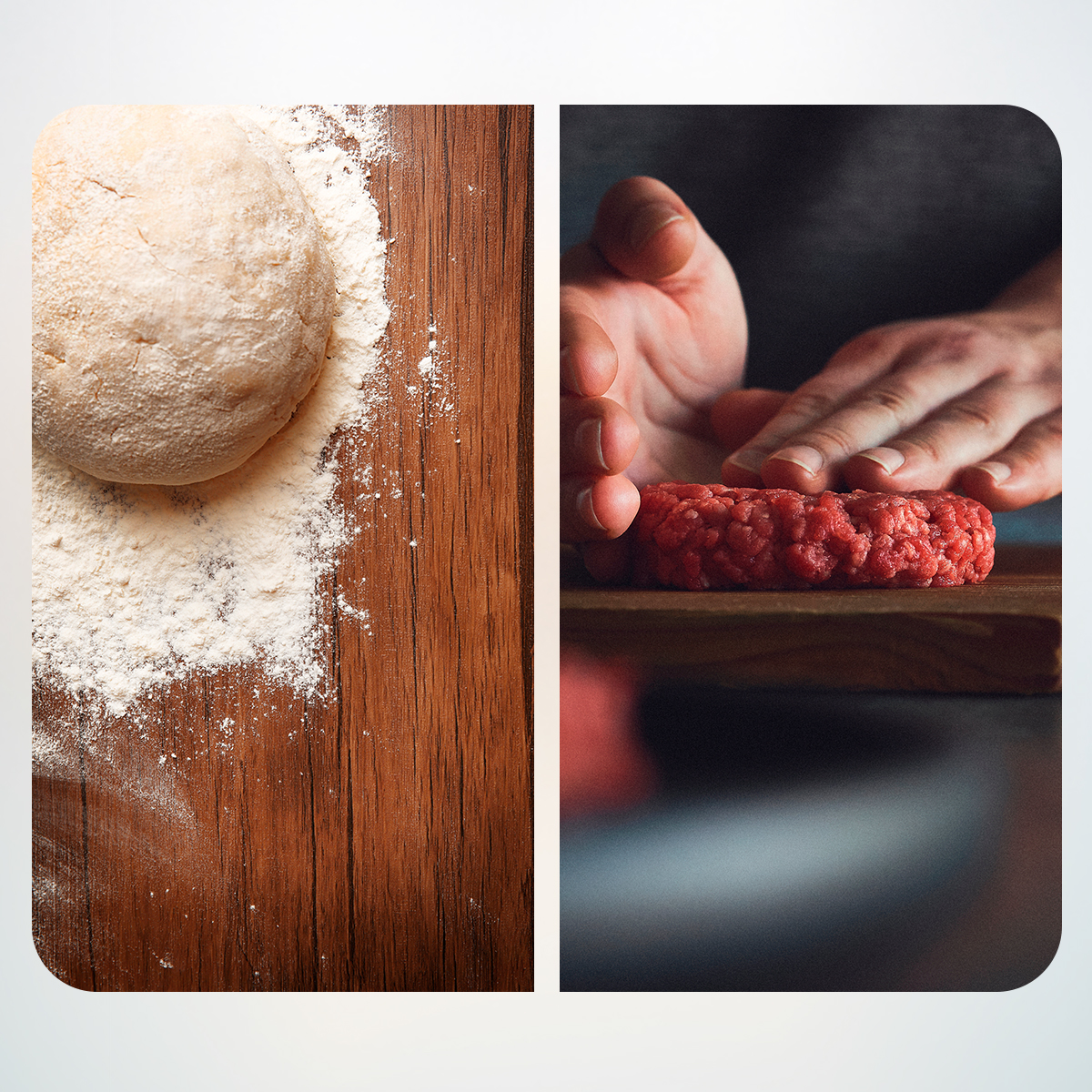 A sinistra impasto su farina, a destra mani che modellano un hamburger crudo.